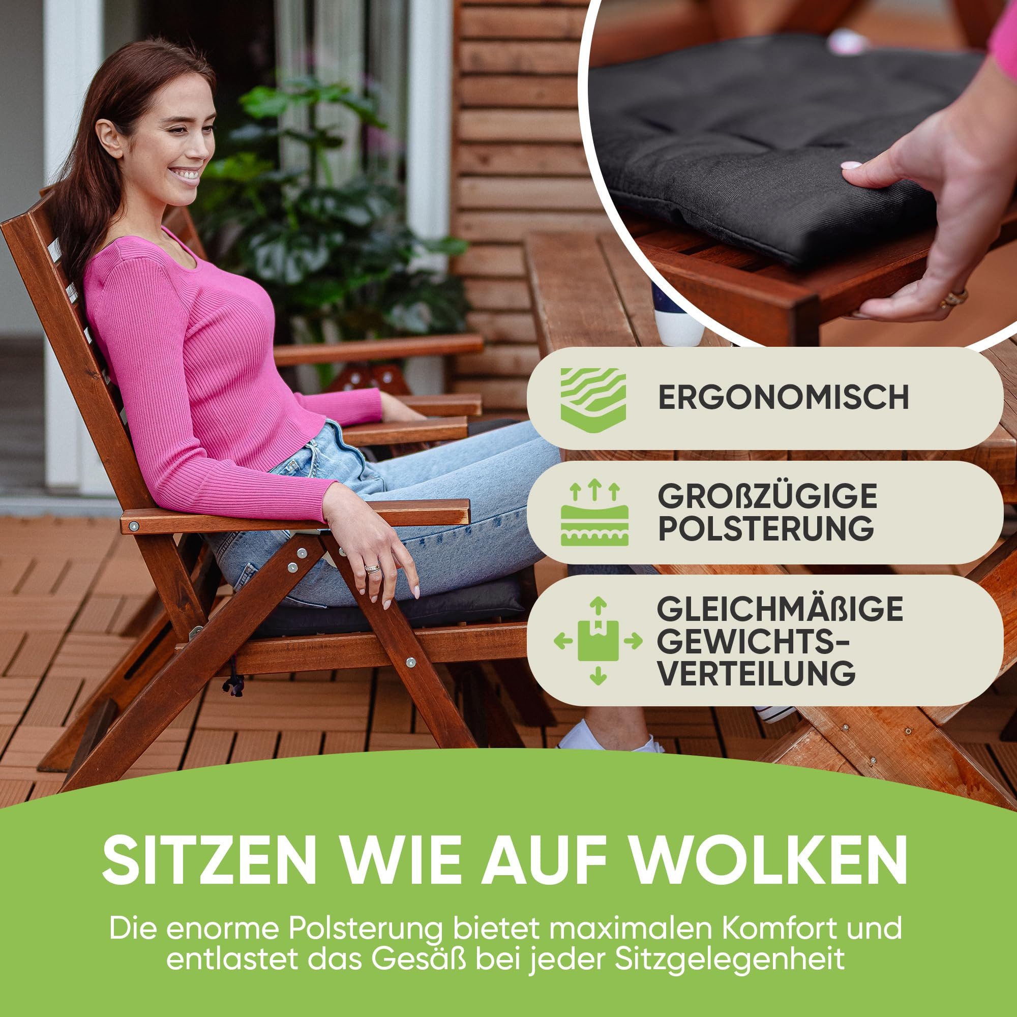 Gräfenstayn Stuhlkissen Sitzkissen 40x40cm Haltebänder Indoor Outdoor, robustes Sitzkissen für Indoor & Outdoor, mit Haltebändern