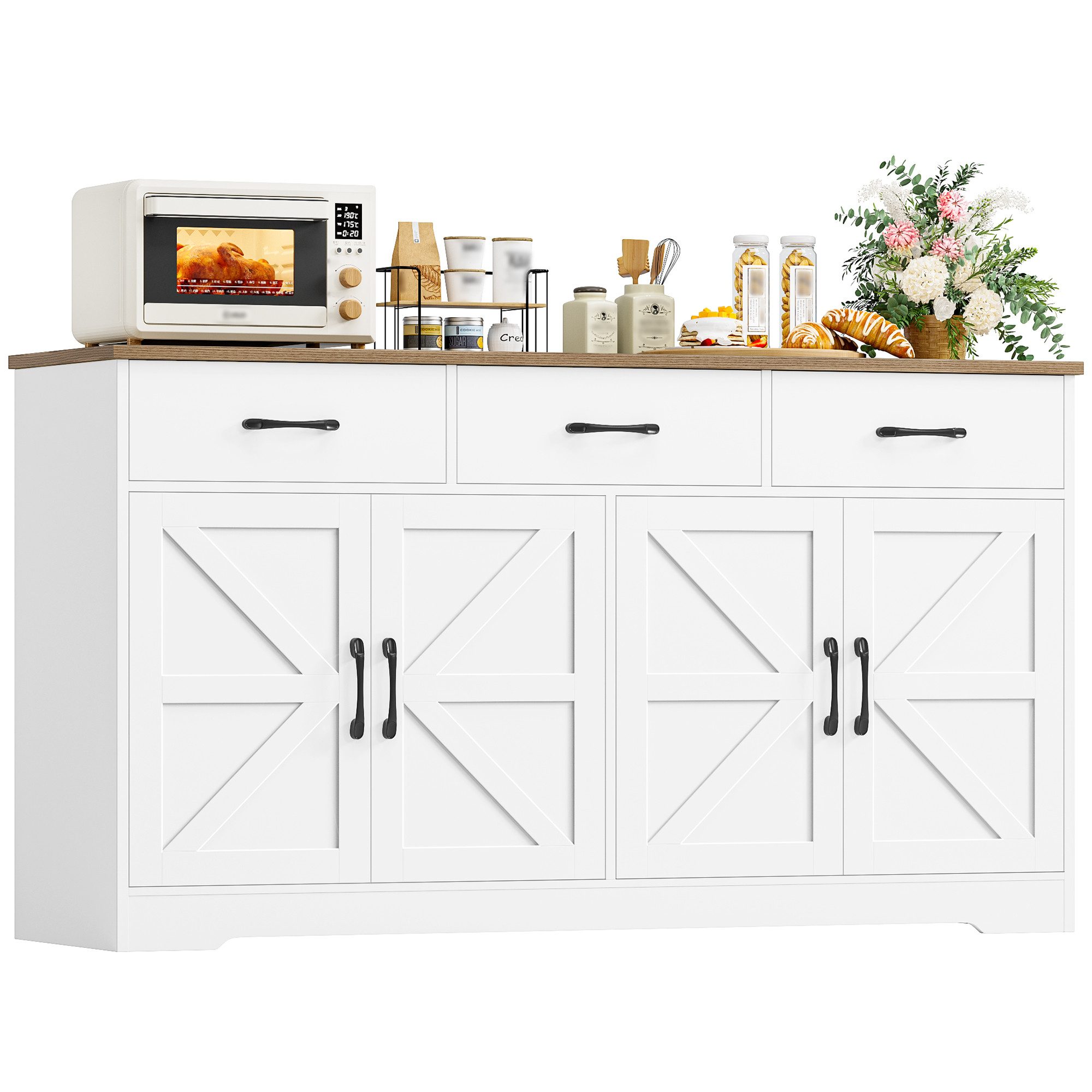 HOMECHO Sideboard, 150cm Breit Küchenschrank mit Arbeitsplatte 4 Türen 3 Schubladen
