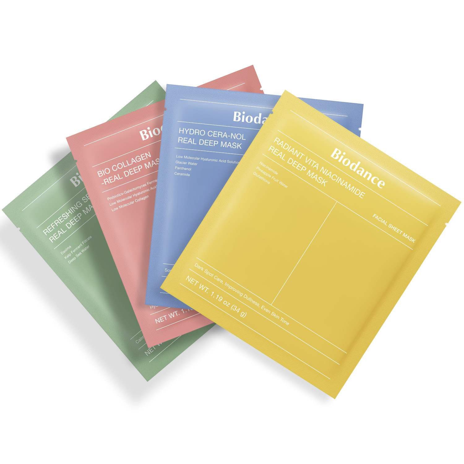 Biodance Gesichtsmaske Real Deep Mask Collection – 4-teiliges K-Beauty Sheet-Masken-Set mit Bio Collagen, Hydro Cera-Nol, Radiant Vita Niacinamide & Refreshing, Sea Kelp – Feuchtigkeit, Straffung & Glow für alle Hauttypen