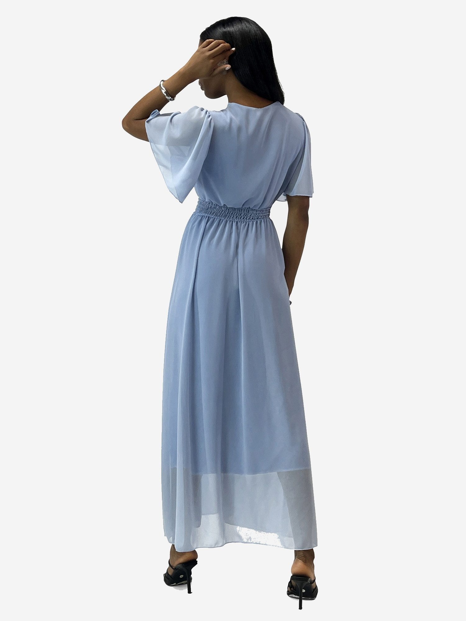 Elara Maxikleid — Damen Sommerkleid mit Wickeloptik, Smoktaille & Flügelärmeln (1-tlg) – Bild 4 von 5