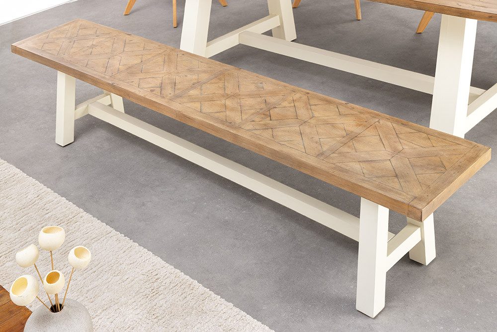 riess-ambiente Sitzbank HAMPTONS 160cm hellbraun / creme - Pinienholz, Bohlenoptik, Ablage (Einzelartikel, 1-St), MASSIVHOLZBANK - ideal für Esszimmer, Flur, Garderobe und Wohnzimmer