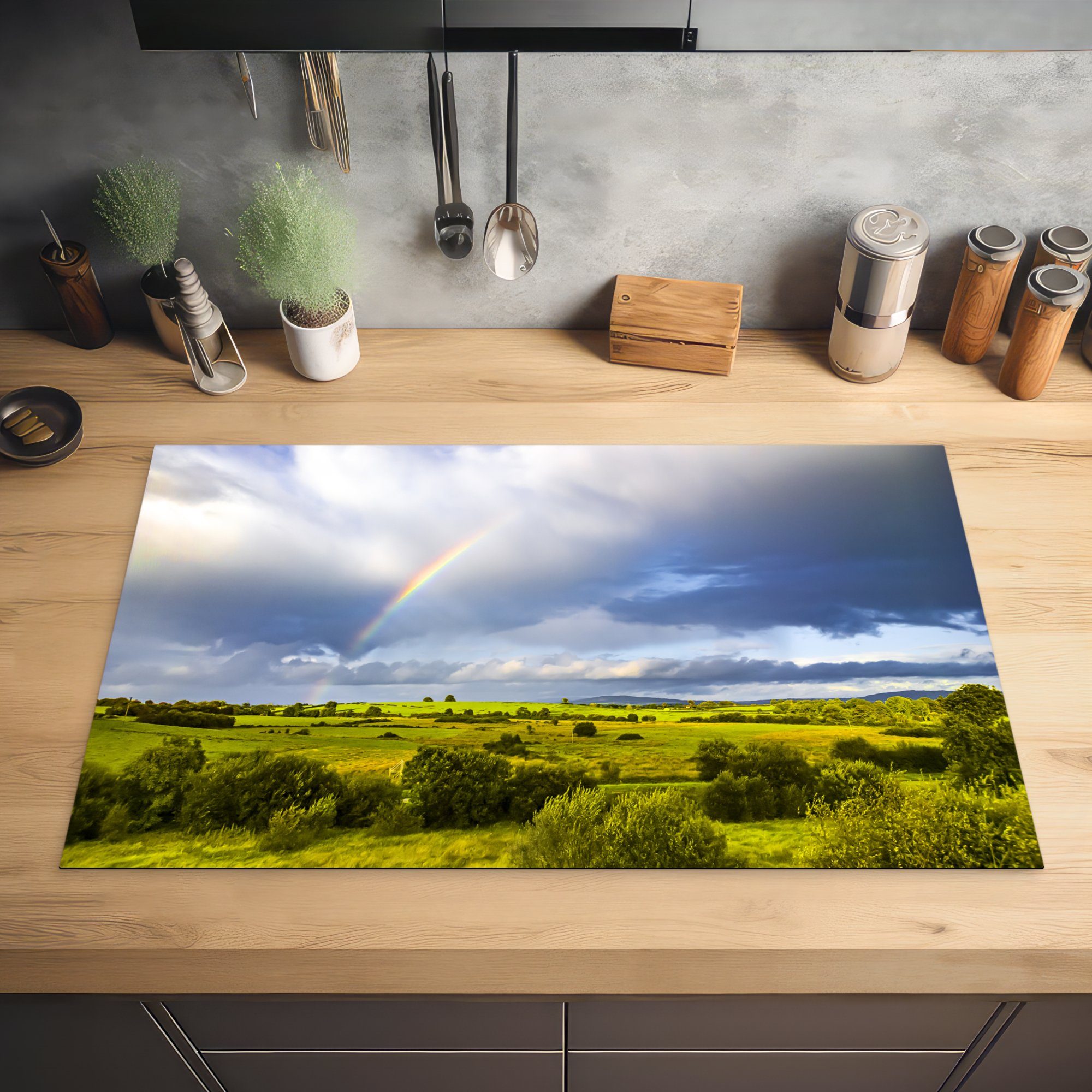 Herdblende-/Abdeckplatte MuchoWow für Vinyl, küche tlg), (1 Regenbogen Landschaft cm, 83x51 von Ceranfeldabdeckung, Irland, über der Arbeitsplatte Doppelter