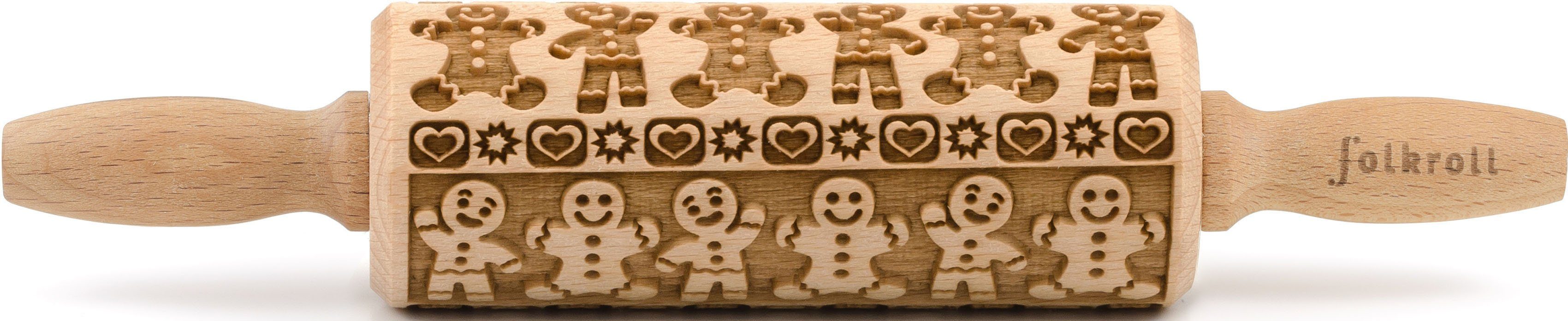 folkroll Teigroller 3D-Motiv-Teigrolle Massivholz, Lebkuchenmann
