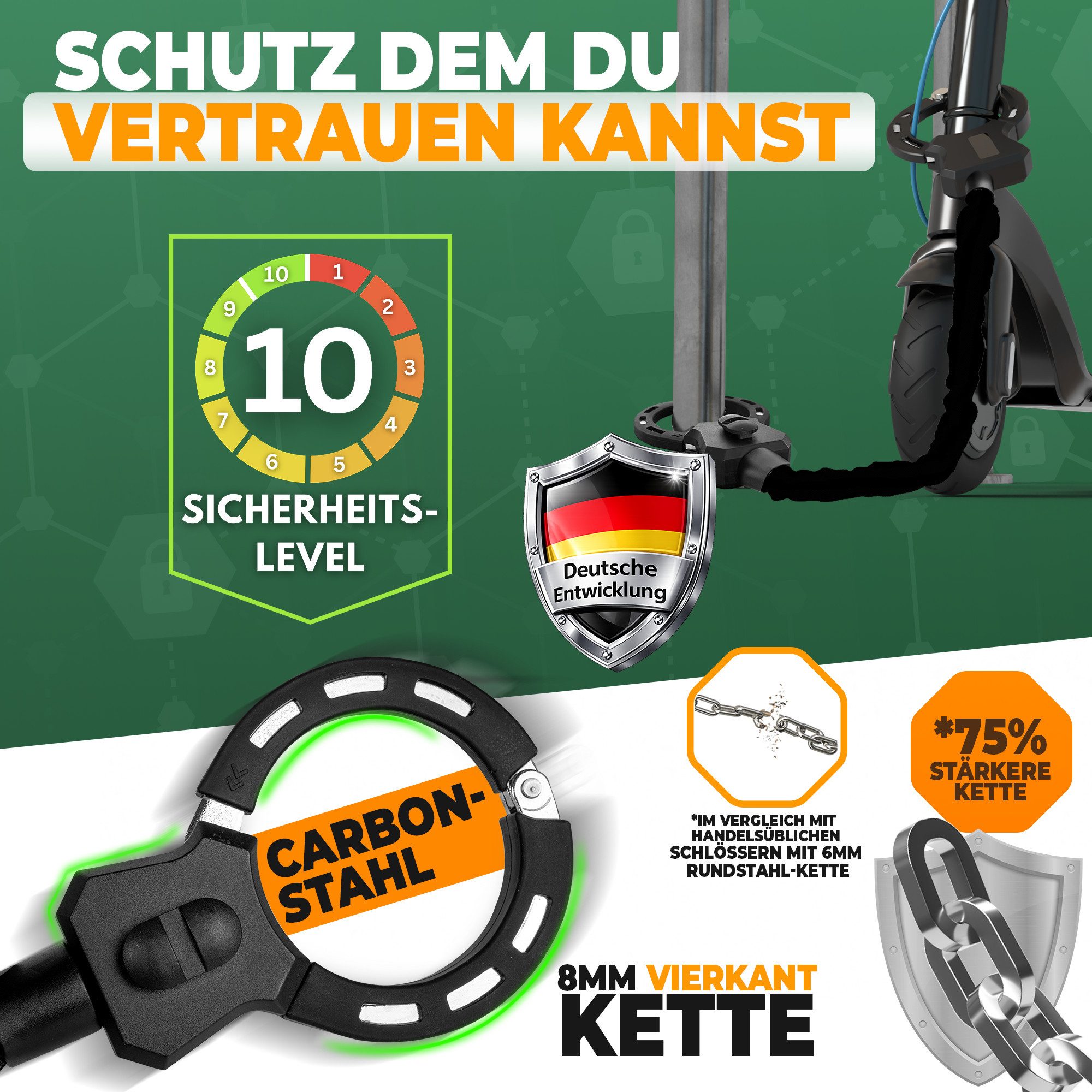 MIVELO Kettenschloss Handschellenschloss für E-Scooter & Fahrrad mit Schlüssel, inkl. Halterung