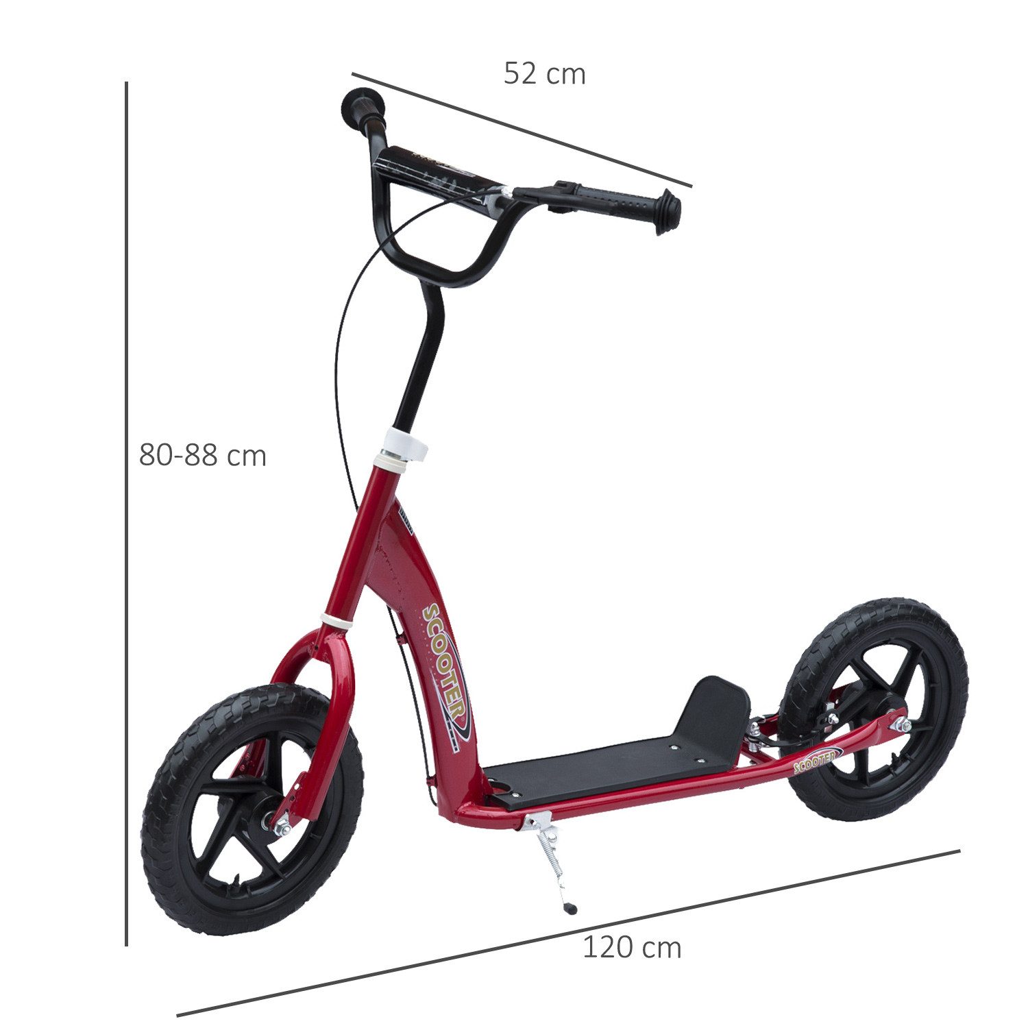 HOMCOM Kinderroller City Roller Scooter 12 Zoll mit Hinterbremse höhenverstellbar aus Stahl EVA in Rot 120 x 52 x 80-88 cm für Kinder Aosom.de – Bild 3 von 5