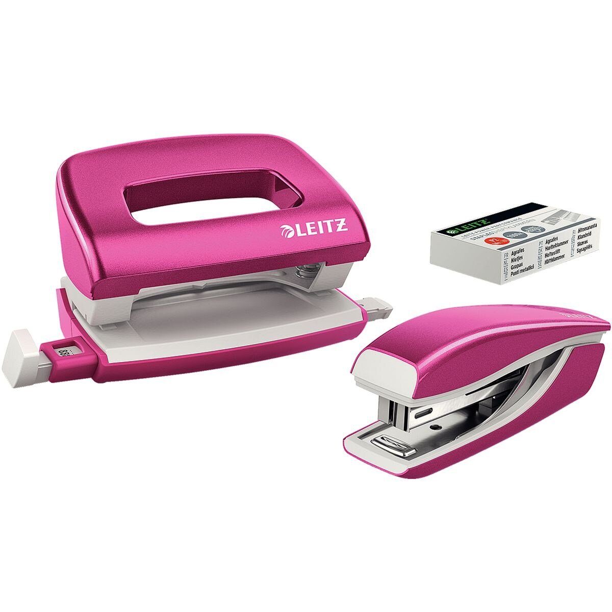 LEITZ Lochstanzer NeXXt WOW Mini 5561, inkl. Locher, Tacker und Heftklammern pink metallic