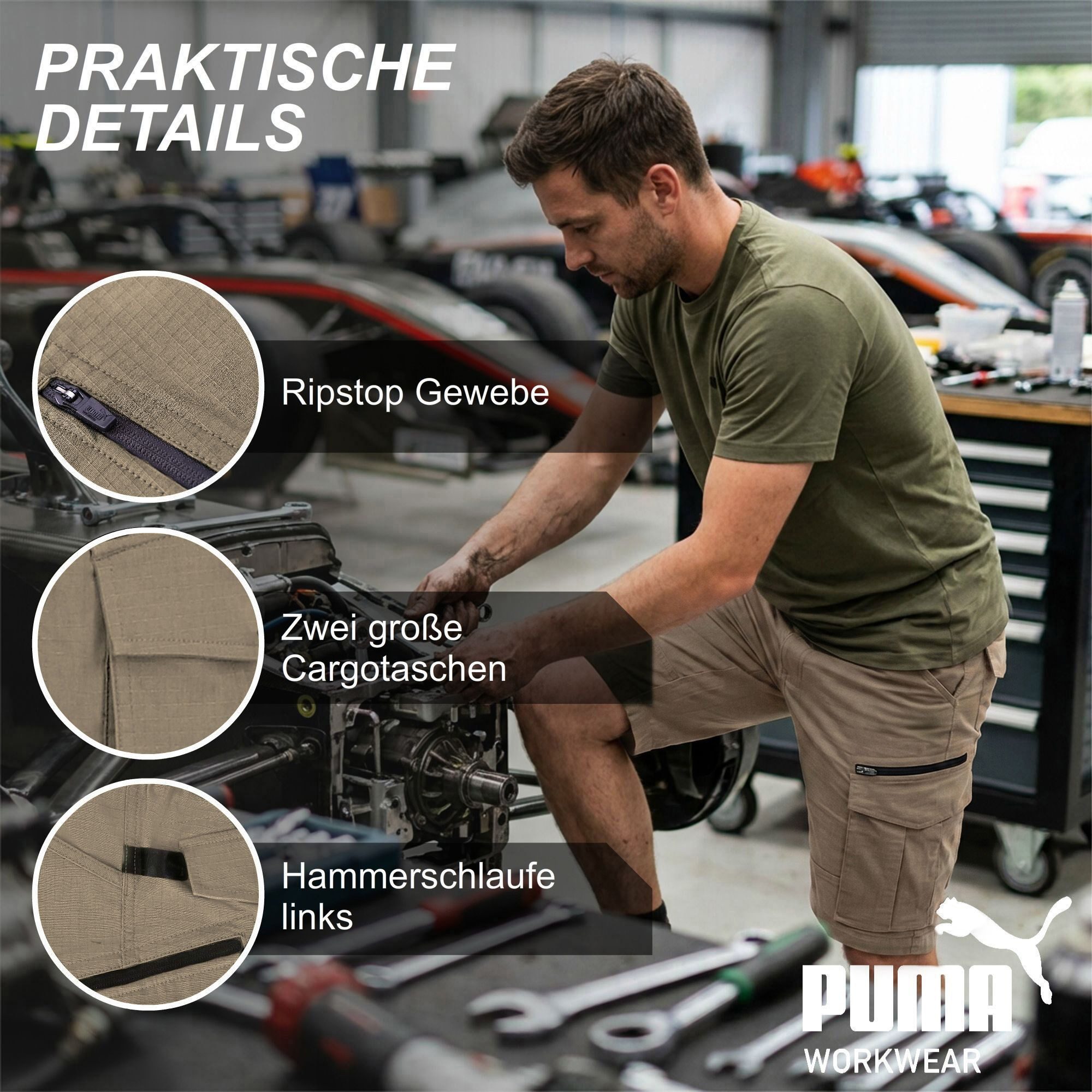 PUMA Workwear Cargoshorts kurze Arbeitshose Herren - Robuste Shorts mit Stretch & Ripstop-Gewebe Gummizug im Bund - Erhöhtes Rückenteil - Hammerschlaufe - Handytasche