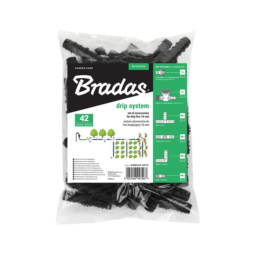 Bradas Bewässerungssystem Bewässerungsarmatur-Set Tropfbewässerung Zubehör 16mm 42tlg Verbinder