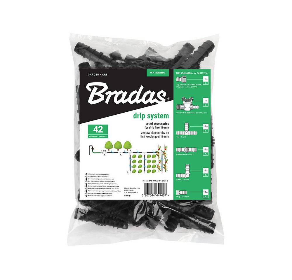 Bradas Bewässerungssystem Bewässerungsarmatur-Set Tropfbewässerung Zubehör 16mm 42tlg Verbinder