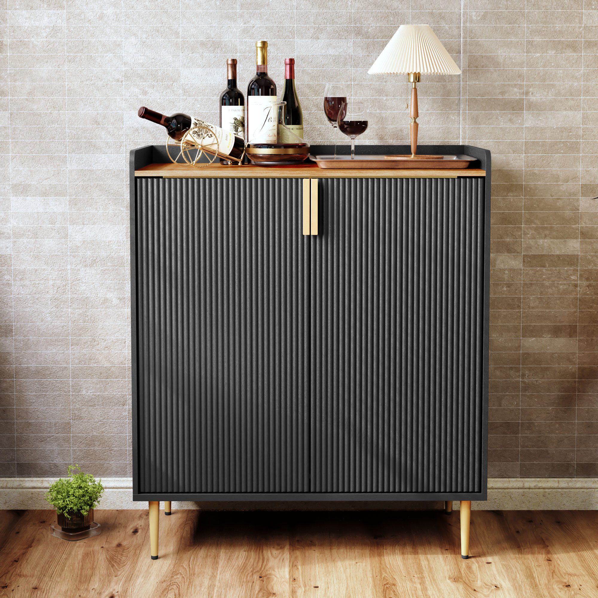 HOLTICO Weinschrank Multifunktionaler Bar-Schrank, moderner Kaffeetresen-Schrank (1-St) mit 9 Flaschenregalen, 6 Glas-Halterungen, Schublade & Regalen – Bild 4 von 5