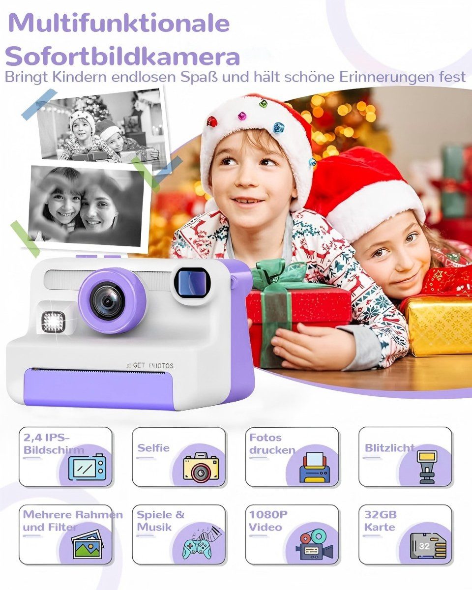 FOSMET Kinderkamera Sofortbildkamera,1080P 2,4" Display Digitalkamera Kinder Kinderkamera (30 MP, 8x opt. Zoom, inkl. Lustige Kinderspielzeug Geschenke für Jungen & Mädchen von 3-12 Jahren, 30MP Sofortbildkamera Kinder mit 32GB Karte & 3 Rollen Druckpapier)