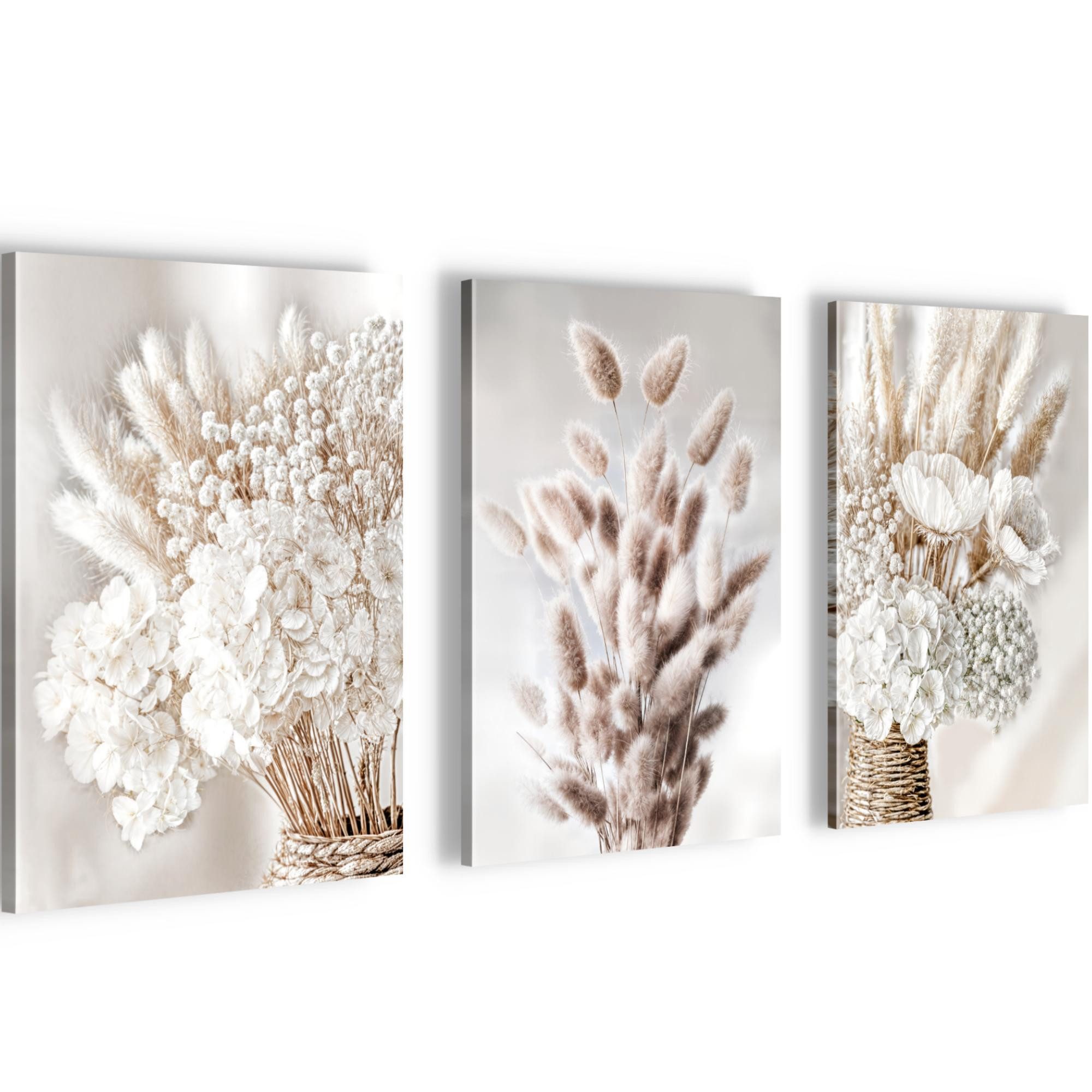 Novart Wandbild Blumen für Schlafzimmer Büro 3 Bilder Weiß Blumenarrangement N044330a, 20 x 30 cm - 3 Bilder