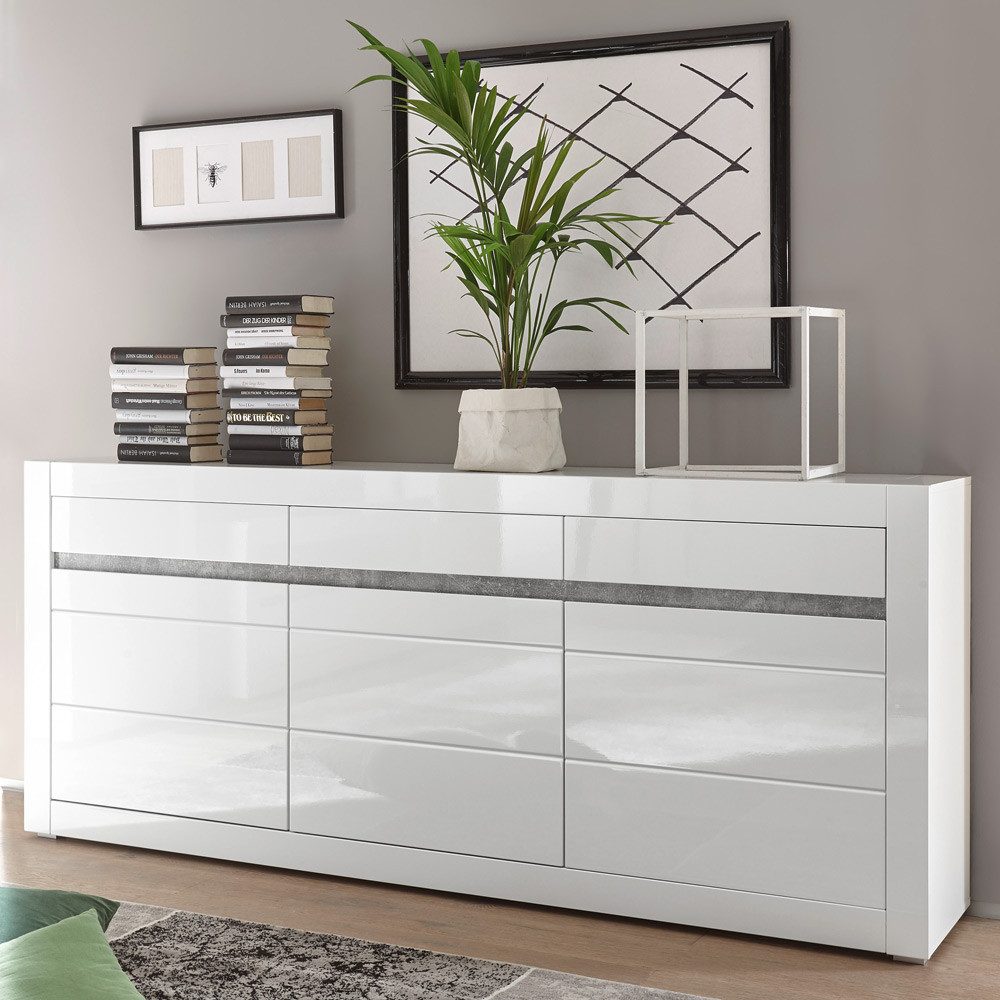 Lomadox Wohnwand COGO-61, (Spar-Set, 2-St), in Hochglanz weiß mit Griffmulden in Betonoptik 217x165x42cm