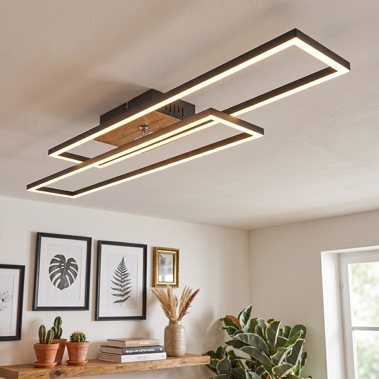 hofstein Deckenleuchte Deckenlampe aus Metall/MDF/Kunststoff in Schwarz/Holzfarben/Weiß, LED wechselbar, 3000 Kelvin, Leuchte im modernen Design mit verstellbarem Element, 1 x LED 30 Watt