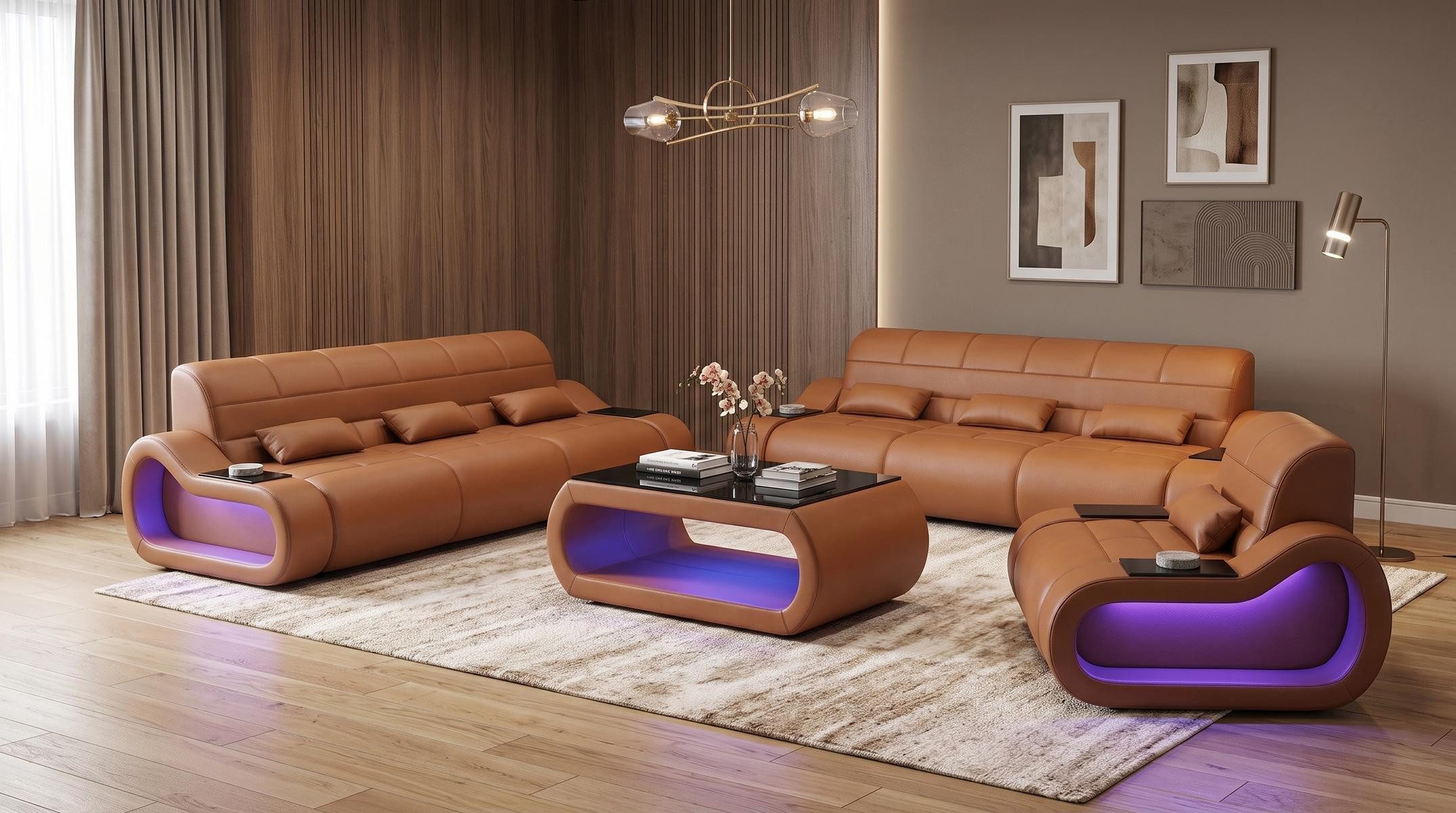 JVmoebel Polstergarnitur Sofa Set 3+3+1 Modern Braun Premium LED Couchtisch Komfort Designer *, (3-tlg), Made in Europa