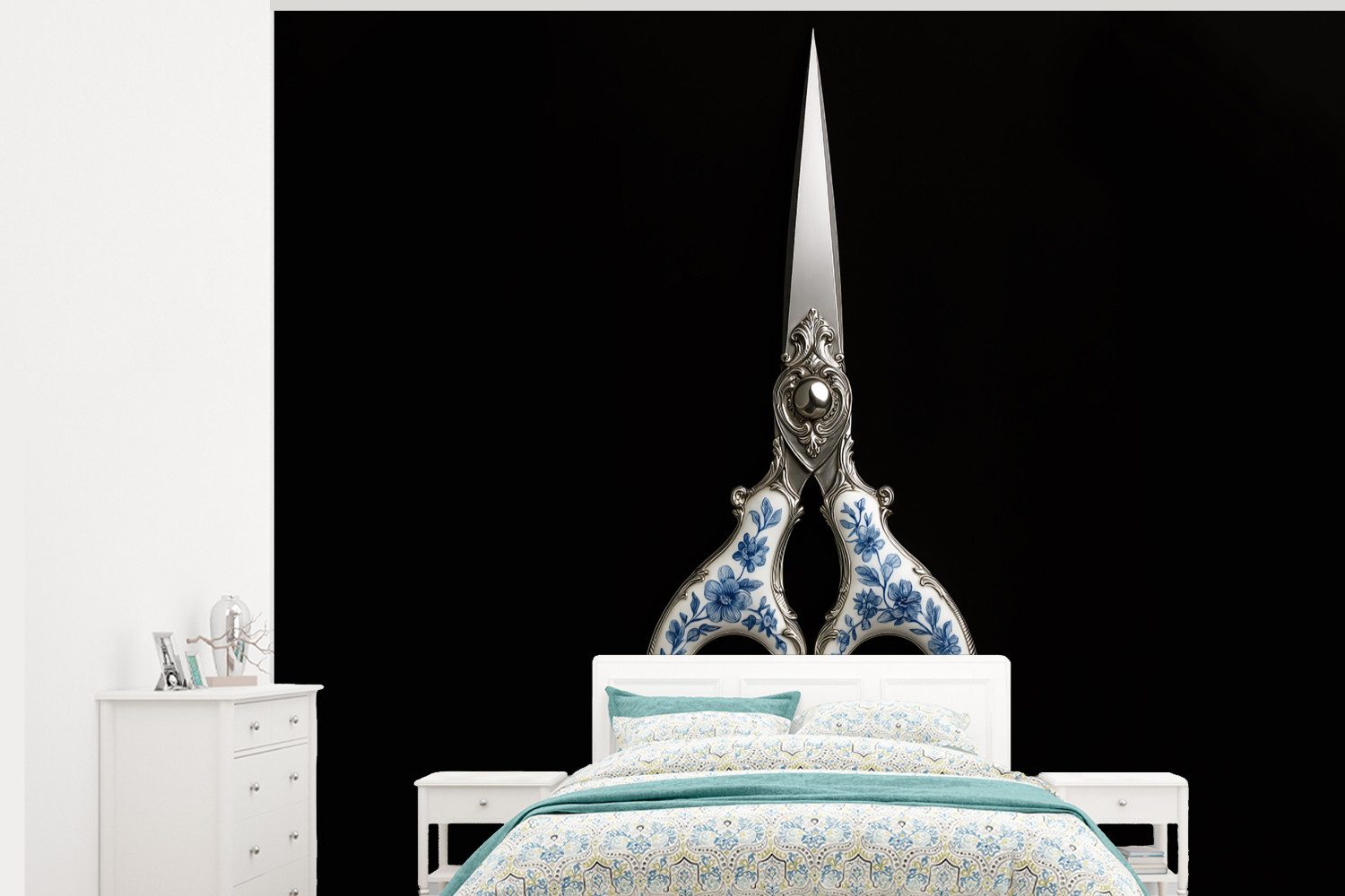 MuchoWow Fototapete Schere - Delfter Blau - Schwarz, Matt, bedruckt, Montagefertig Vinyl Tapete, Wandtapete, 325x260 cm