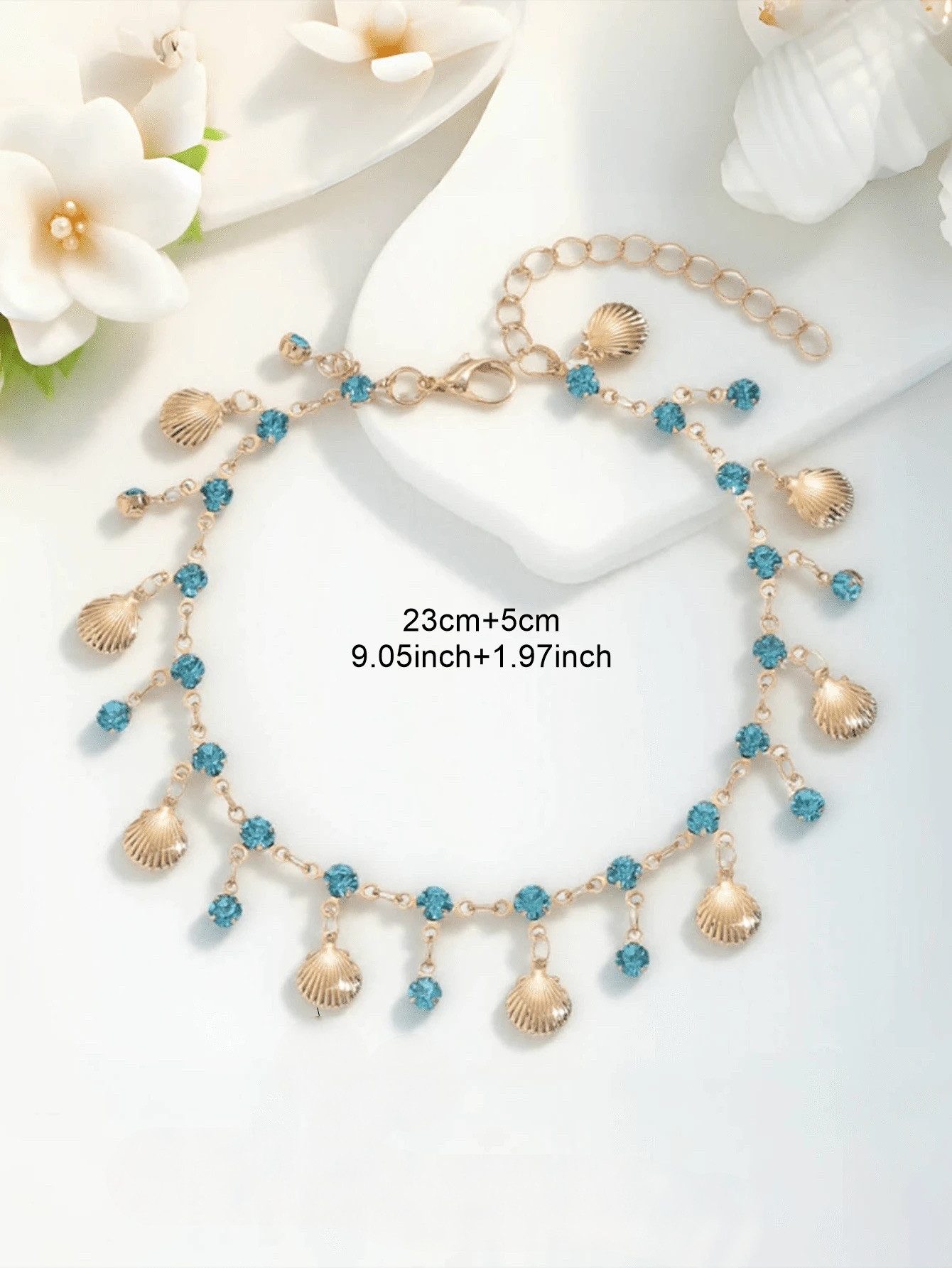The Beauty House Fußkette mit Anhänger Fußkettchen Damen – Boho Fußkette mit Muscheln & blauen Steinen, verstellbar, Strand Schmuck Sommer