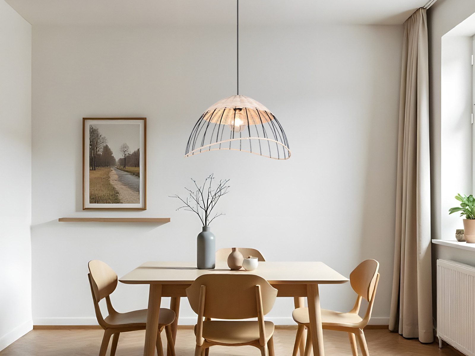 Reality Leuchten LED Pendelleuchte, Dimmfunktion, LED wechselbar, über Lichtschalter in 3 Stufen dimmbar, warmweiß, Groß-e Rattan-lampe Lampenschirm geflochten hängend Esstisch, Ø 48cm