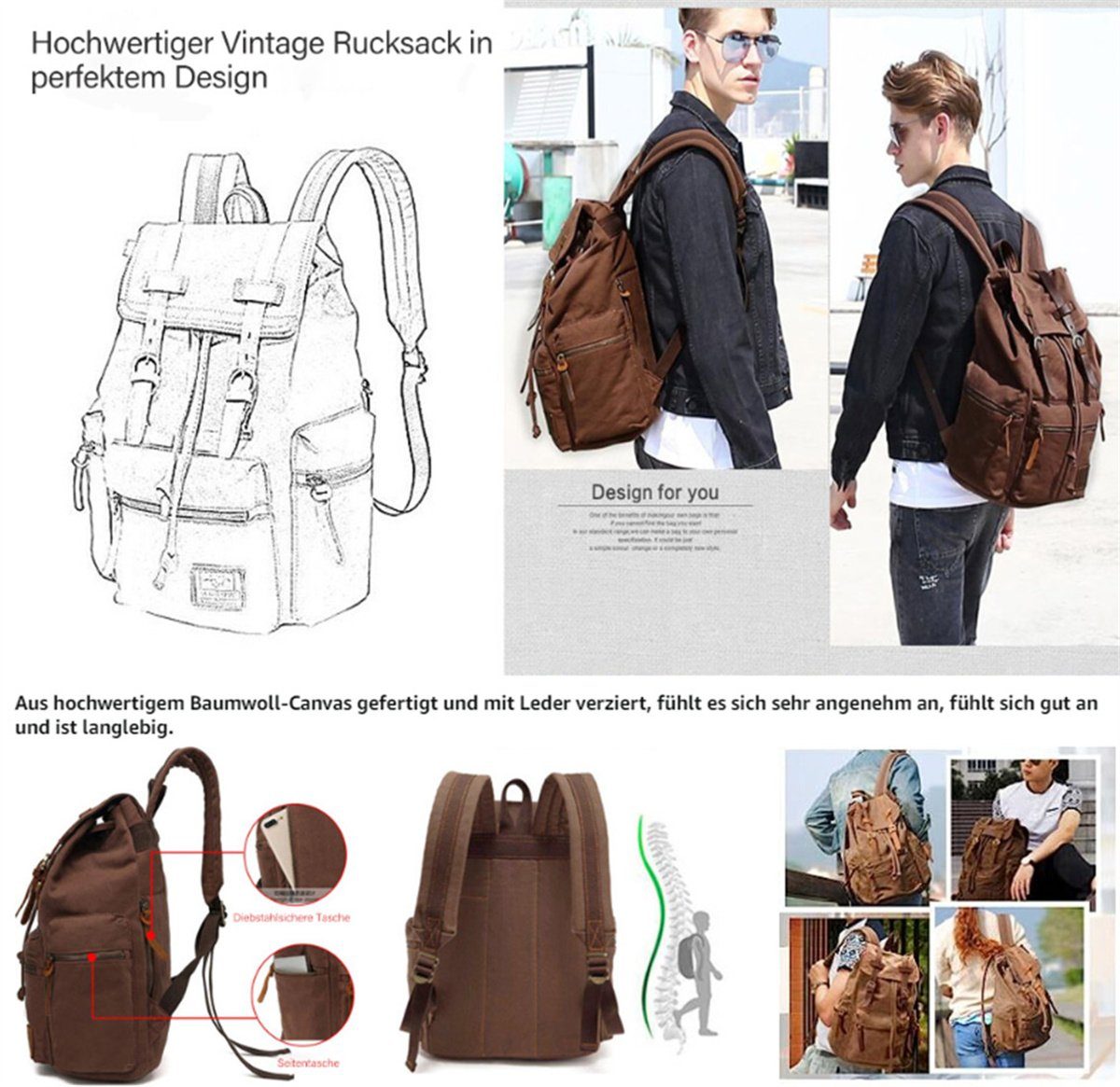 Dauerhaft Braun Damen Schulrucksack für Vintage Reisetasche Segeltuch 35 Retro Rucksack,Schulrucksack, Schulterpackung Herren XDeer L Rucksack,Canvas