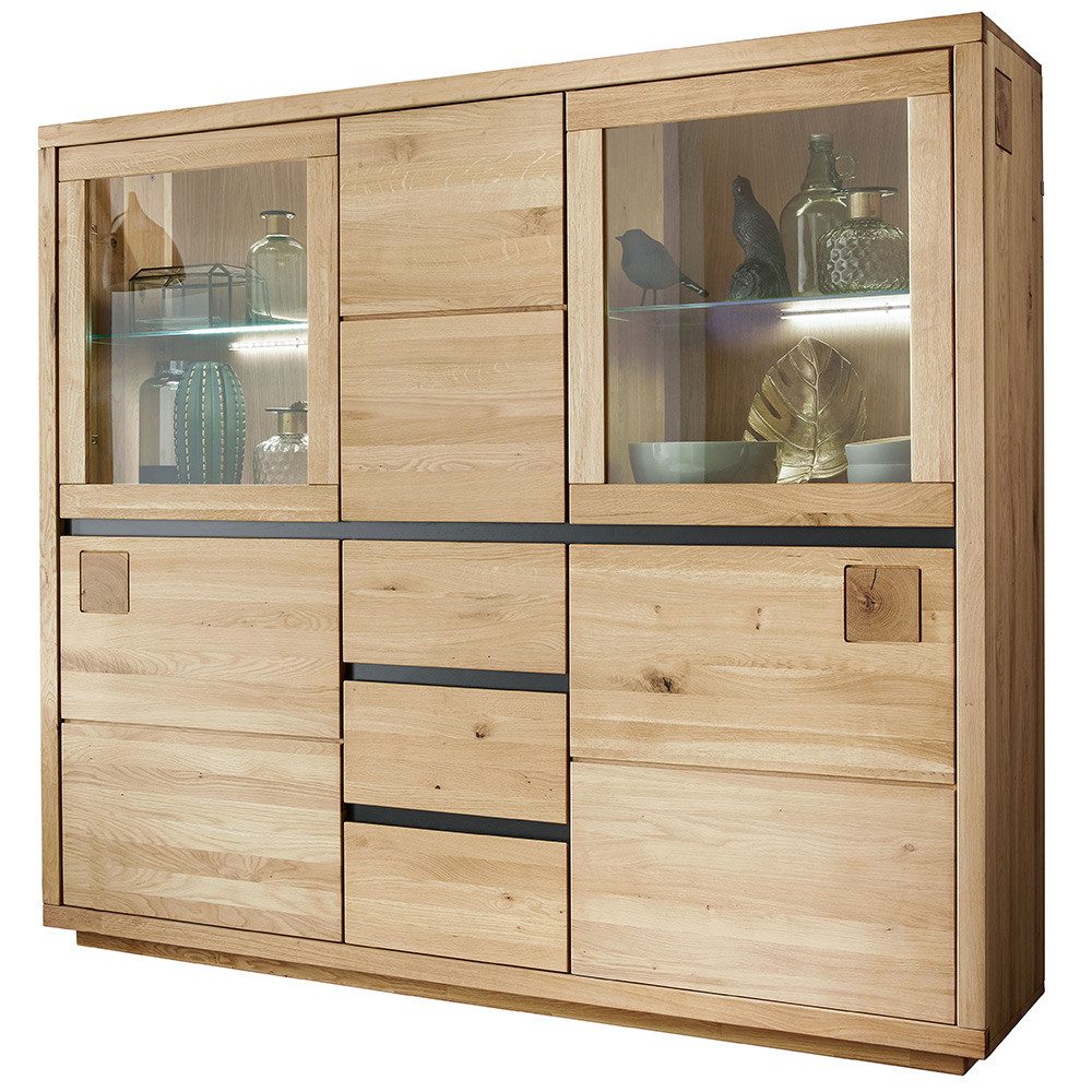 Lomadox Highboard WINCHESTER-69, Standvitrine Schrank 103 cm Eiche massiv geölt Hirnholz-Detail