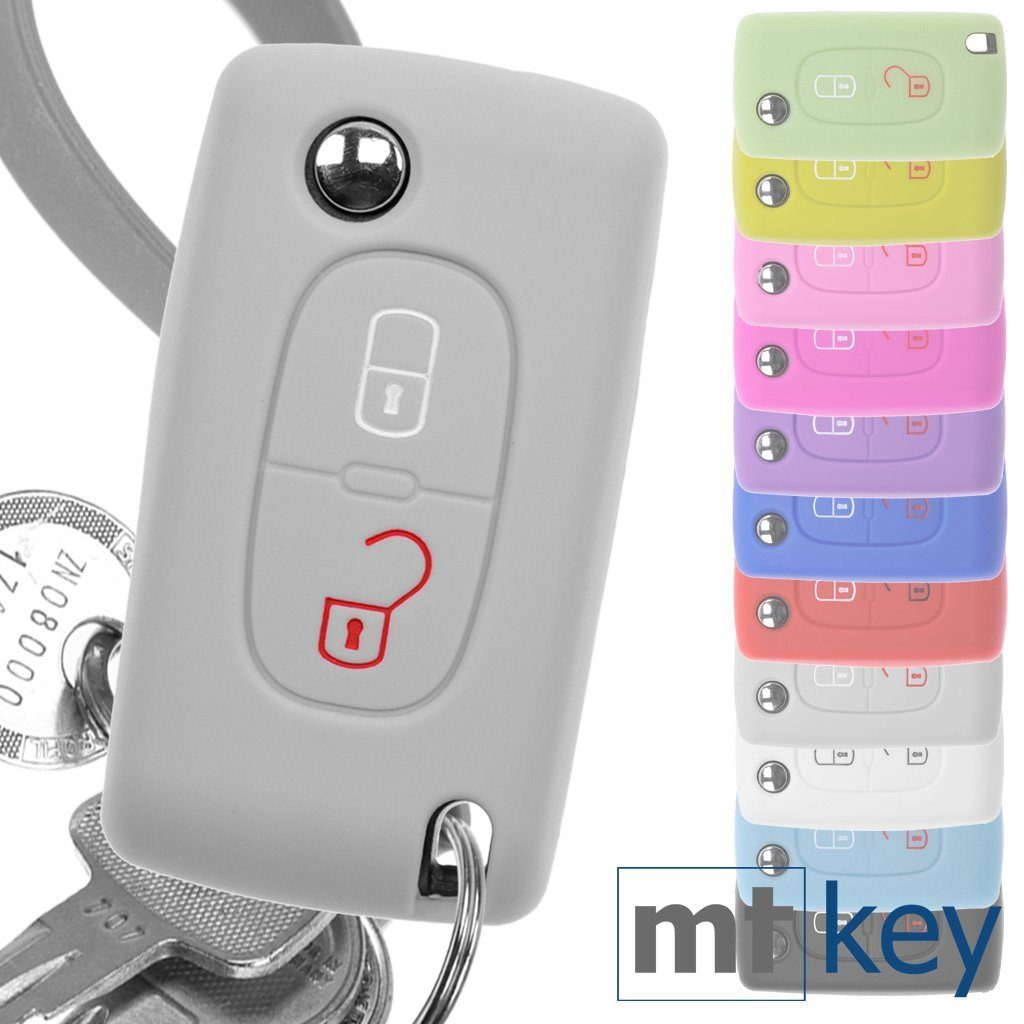 mt-key Schlüsseltasche Autoschlüssel Softcase Silikon Schutzhülle Grau, für Citroen Berlingo C2 C3 Peugeot 207 307 308 2 Tasten Klappschlüssel | Schlüsseltaschen
