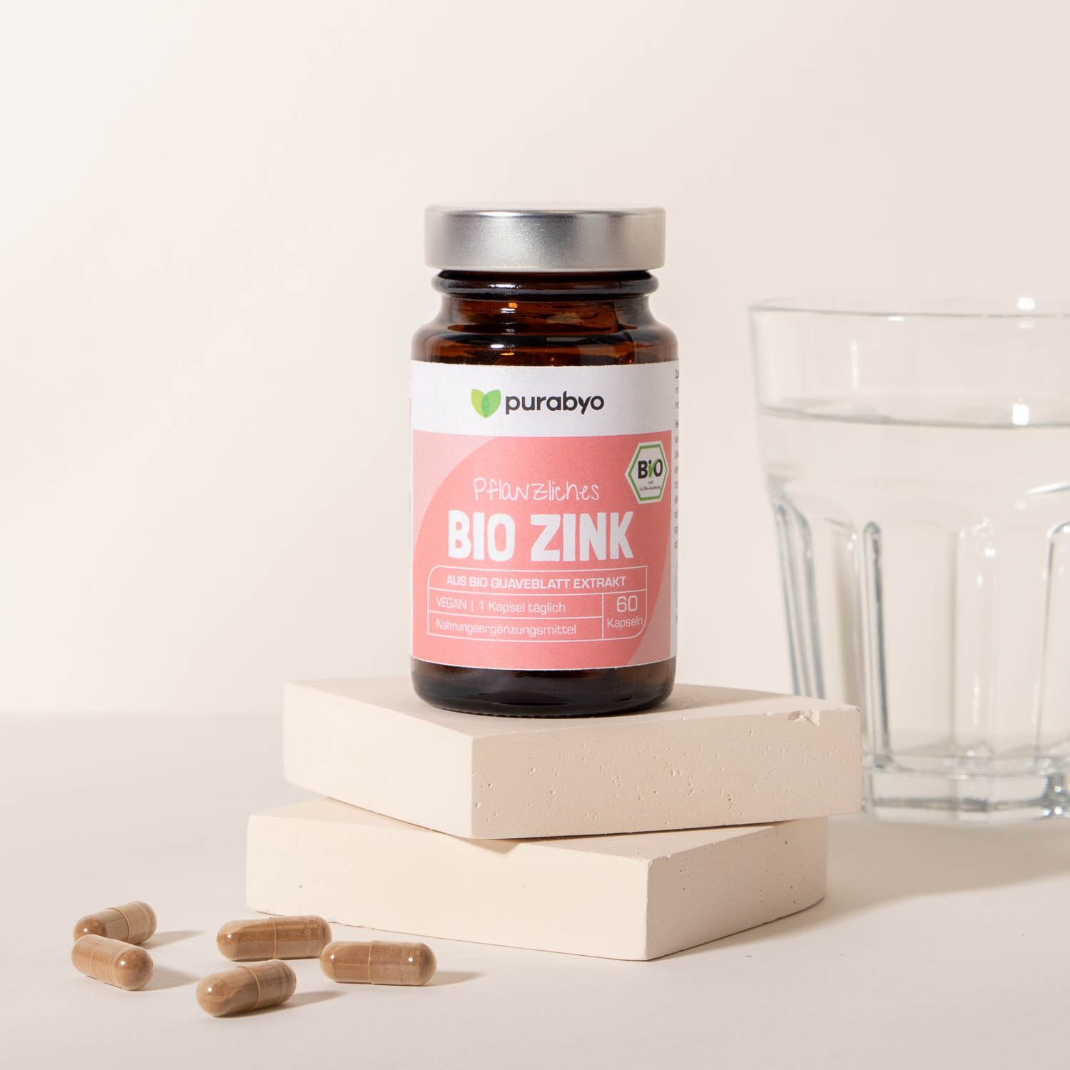 Purabyo Bio Zink Kapseln, 10 mg Zink, aus Bio Guaveblatt Extrakt, im Glas Kapseln, 1 er 60 St., 20 g