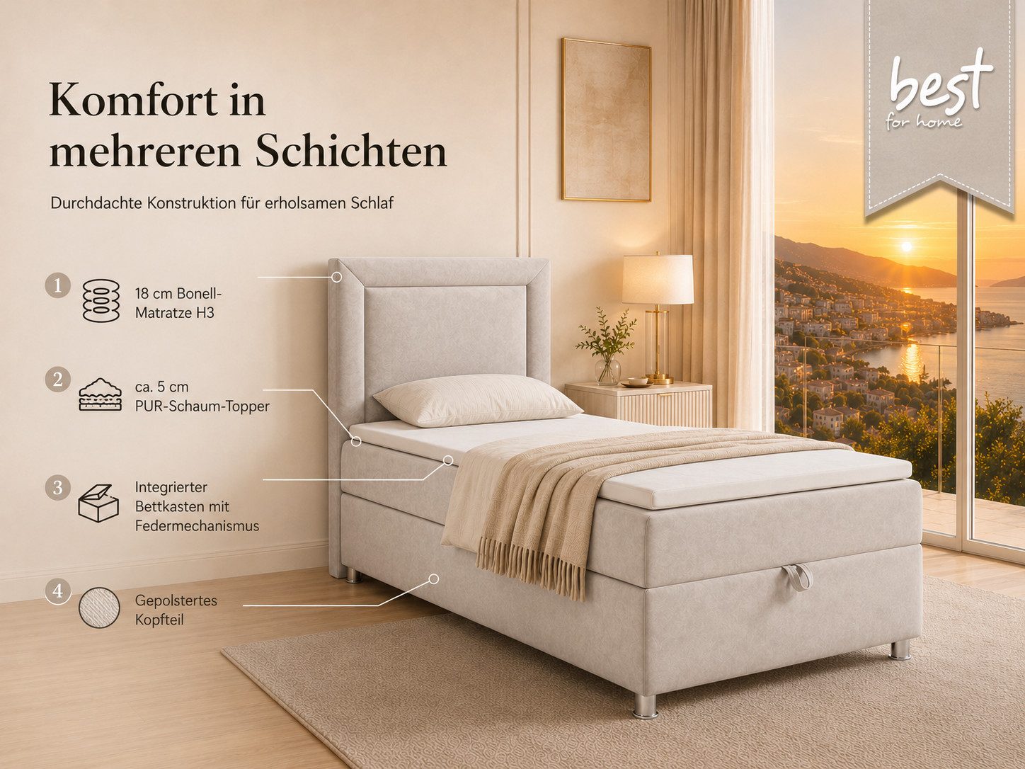 Best for Home Boxspringbett Trinity K-3 SINGLE mit Bettkasten & ca. 5 cm Topper (Einzelbett, Polsterbett mit gepolstertes Kopfteil, Jugendbett, Kinderbett versch. Größen, 3-St., 70x200 80x200 90x200 100x200 cm), Einzel-Boxspringbett mit integriertem Bettkasten
