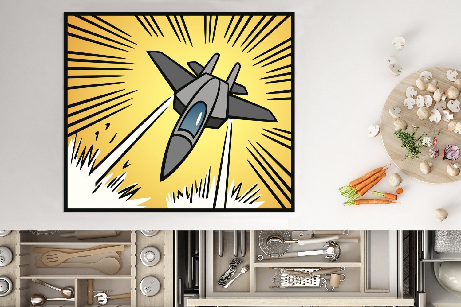 eines 60x52 nutzbar, Herdblende-/Abdeckplatte Flugzeugs angreifenden cm, MuchoWow Vinyl, Kinder, (1 tlg), Arbeitsfläche Mobile Ceranfeldabdeckung Illustration für