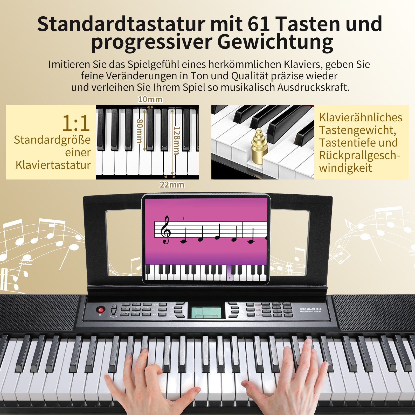 TLGREEN Digitalpiano Keyboard Piano 61 Tasten (300 Sounds, Piano Keyboard), Digital Piano für Anfänger, tragbares E-Piano