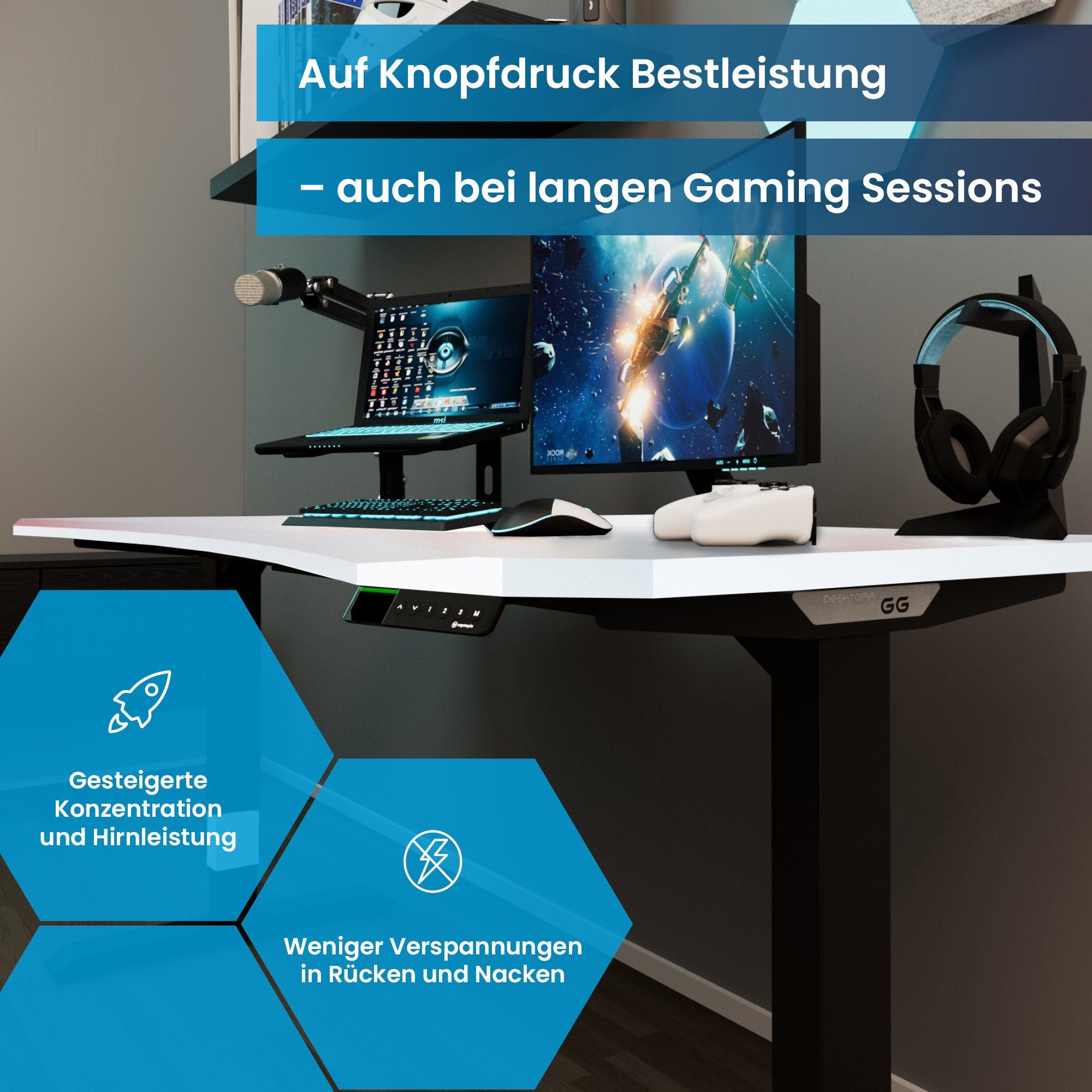 Ergotopia Gamingtisch Desktopia GG Premium (Gaming Tisch als ergonomisches  Gaming Setup), Elektrisch höhenverstellbarer Gaming Schreibtisch 7 Jahre  Garantie
