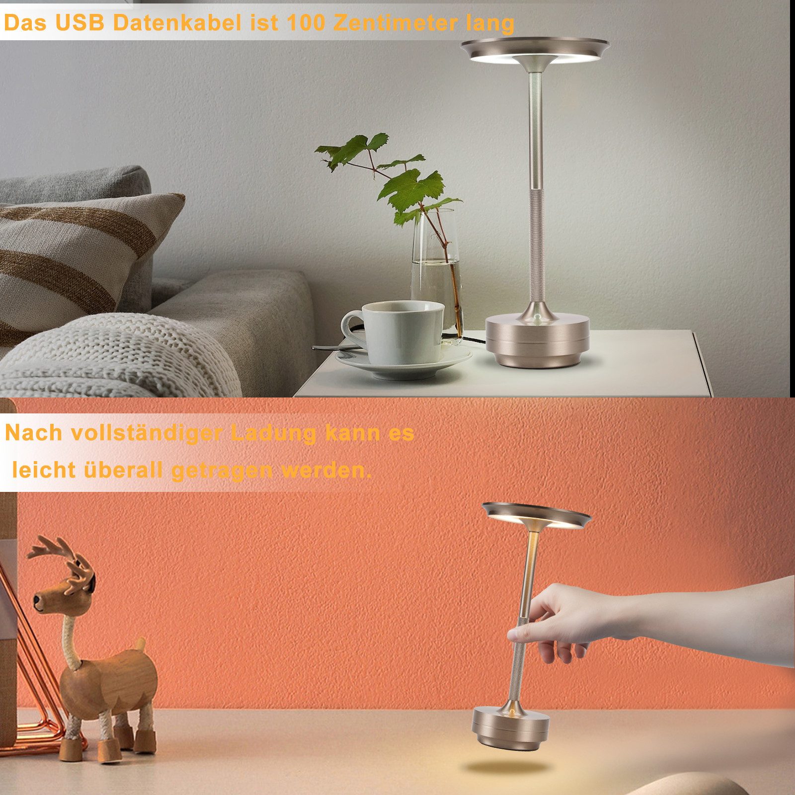 ZMH LED Tischleuchte kabellose Akku-Nachttischlampe, Dimmbar, Touch-Steuerung, 3 Lichtfarben, USB-C-aufladbar, LED fest integriert, Warmweiß, Neutralweiß, Kaltw – Bild 5 von 5
