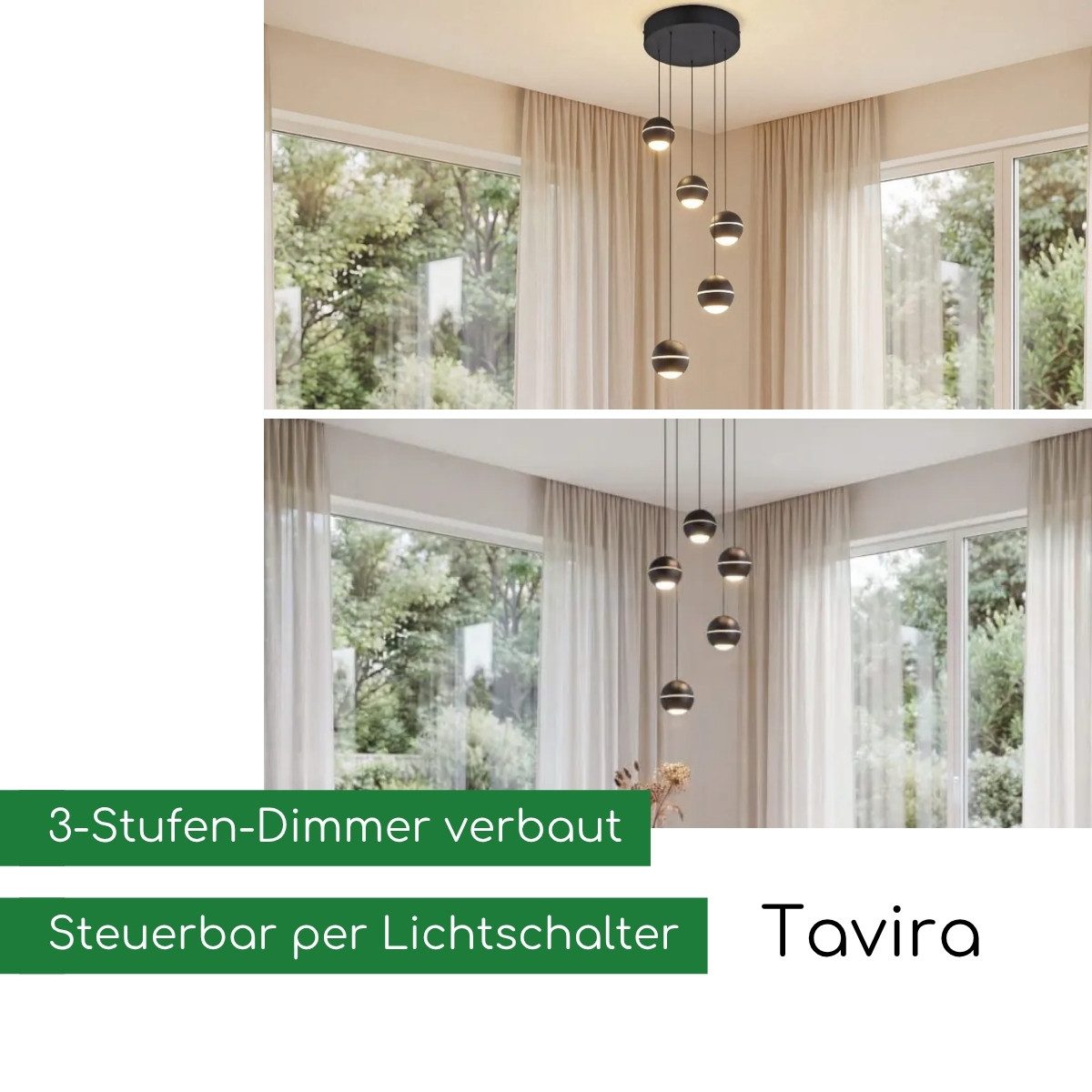 CASA DOMA LED Pendelleuchte Tavira Rondell, 5-flammig, für Esstische, höhenverstellbare Kugeln, dimmbar, LED fest integriert, Warmweiß, aus Metall, Cluster, Sof – Bild 4 von 5