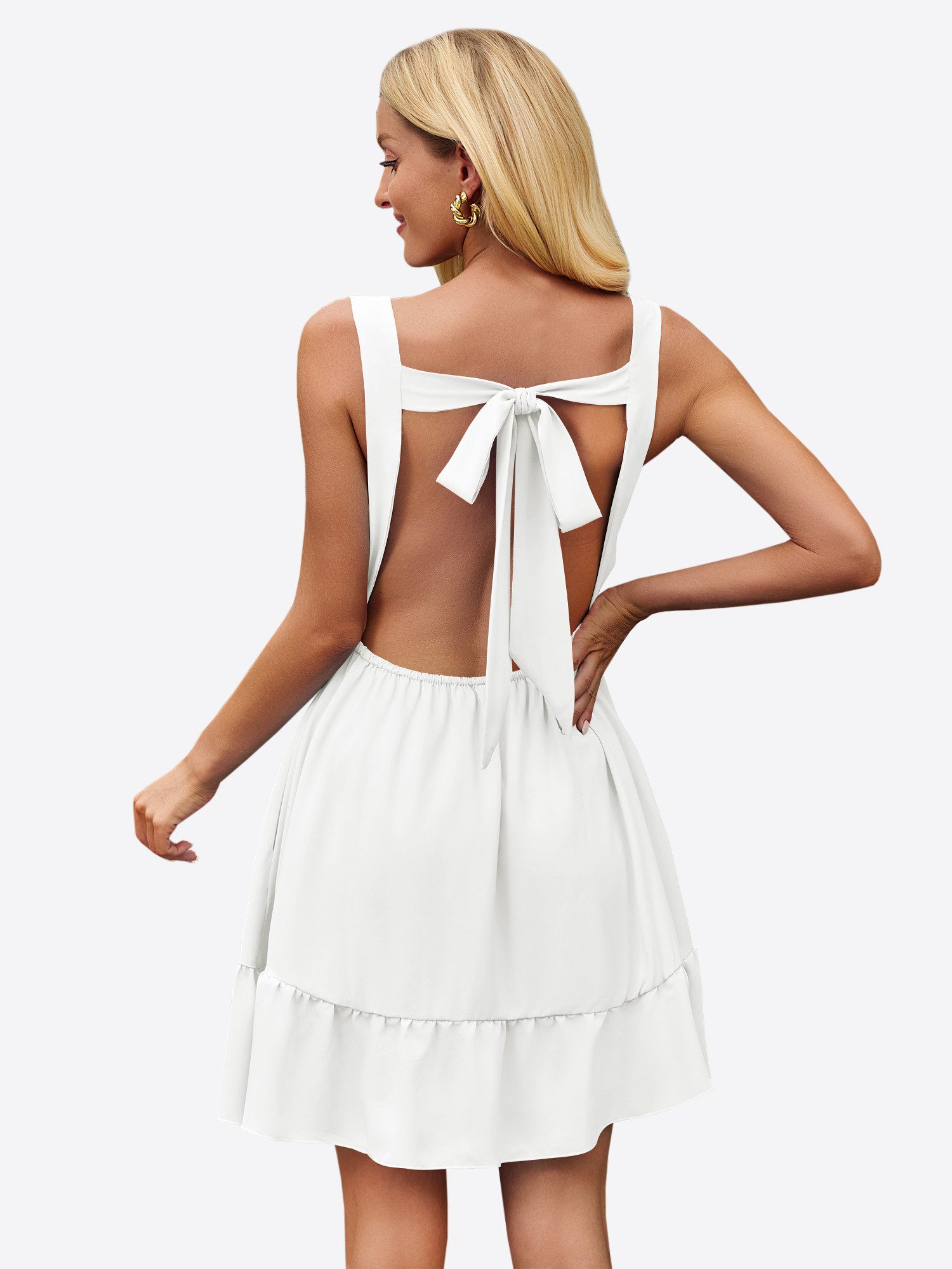 Imily Bela Minikleid Damen Ärmellos Rückenfrei mit tiefem V-Ausschnitt Casual (Packung, 1-tlg., 1per-Pack) mit Schleifenverschluss in Unifarbe – Bild 2 von 5