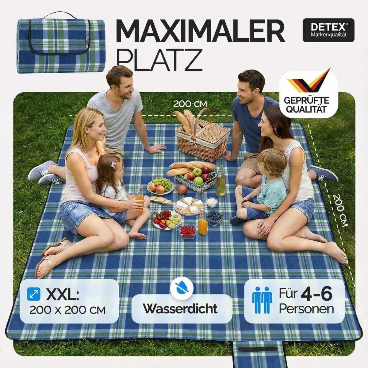 Picknickdecke, Detex, XXL 200x200 cm Wasserdicht Wärmeisoliert 4-6 Personen Karo/Blau