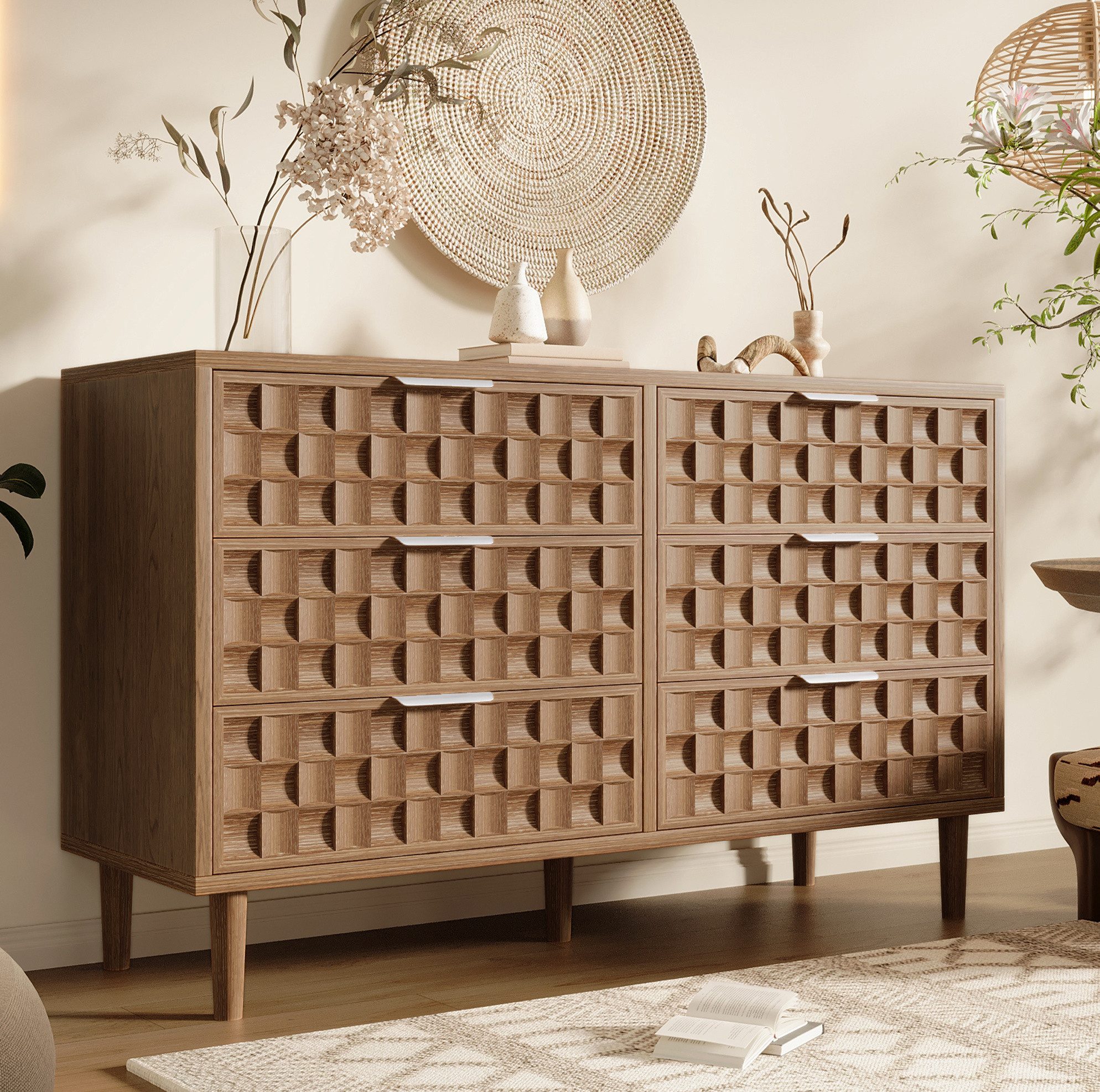 REDOM Sideboard Design-Kommode – Waffel-Design, Walnuss & Metallgriffe (Packung, 1 St., Walnuss, 120×37×77 cm, für moderne Räume), Mid-Century-Stil, elegante Optik, hochwertig