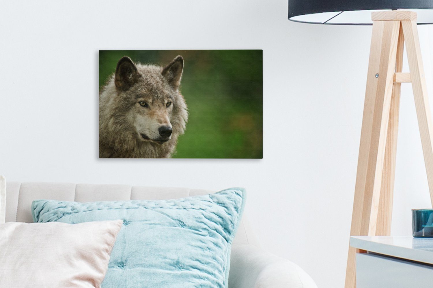OneMillionCanvasses® Leinwandbild Wolf - Leinwandbilder, Wandbild 30x20 Aufhängefertig, Fell, Grau - St), cm Wanddeko, (1