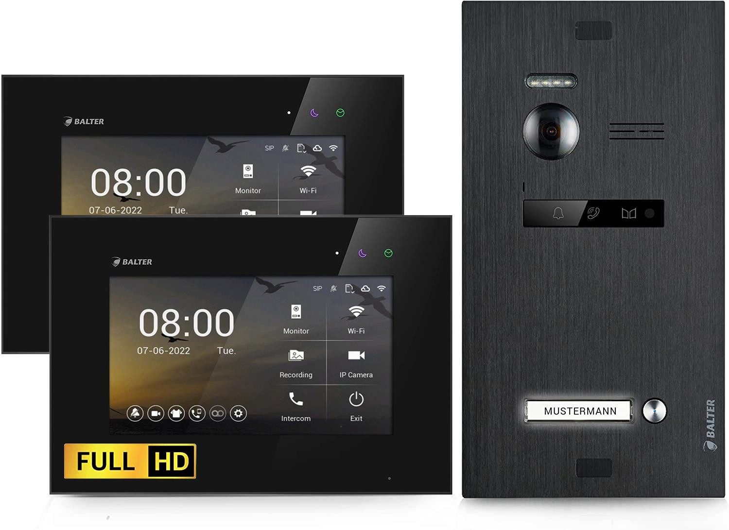 Balter Video-Türsprechanlage EVO HD für 1 Familienhaus, 2x Monitor BL, Full HD, 2-Draht, Schwarz (Komplettset, 2-tlg., Full HD Video, Interkom, 2-Draht BUS)