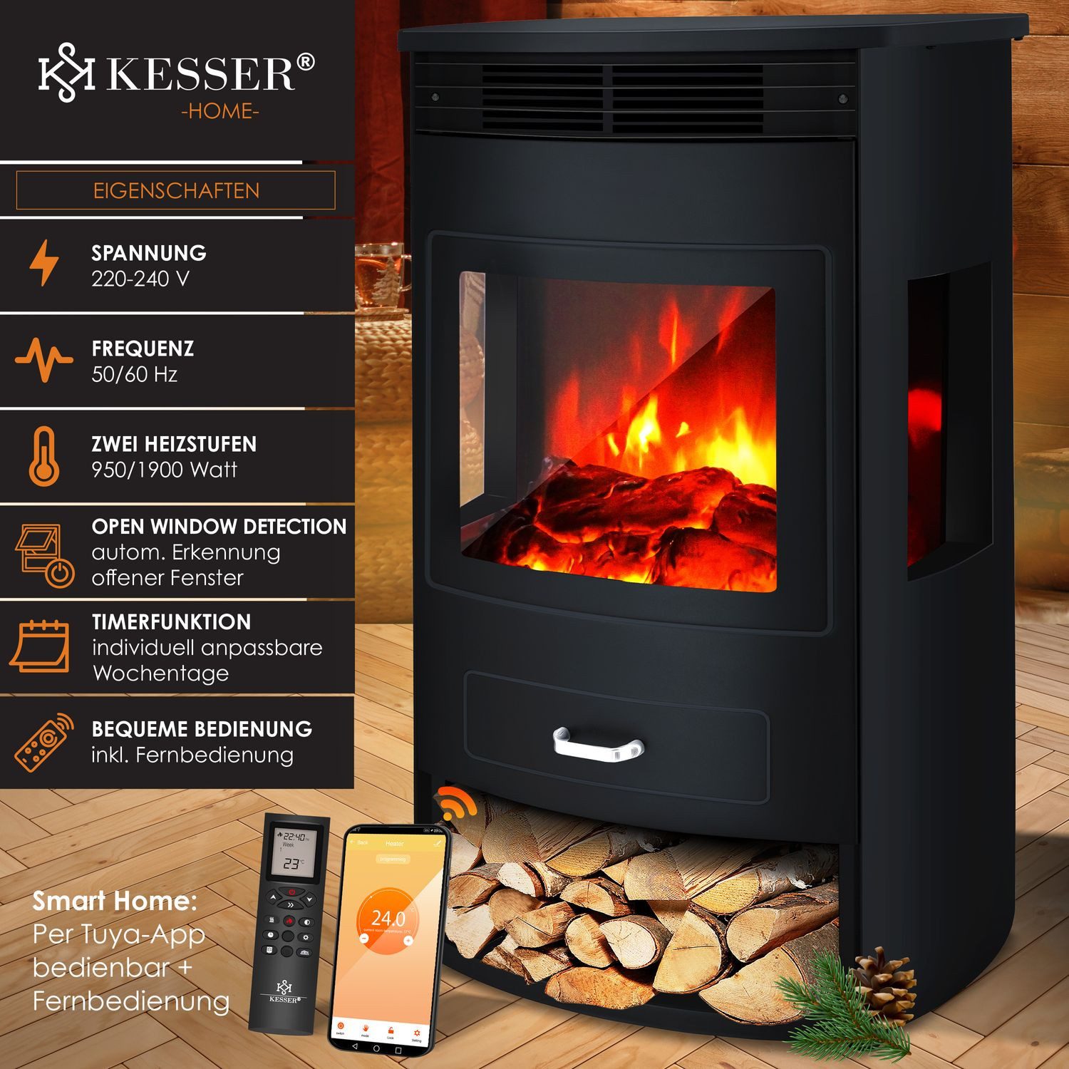 KESSER Elektrokamin, Prio Elektrokamin mit Heizung Heizlüfter Fernbedienung günstig online kaufen