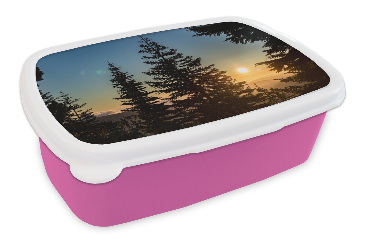 MuchoWow Lunchbox Sunrise Nationalforst, Kunststoff, (2-tlg), Brotbox für Erwachsene, Brotdose Kinder, Snackbox, Mädchen, Kunststoff rosa