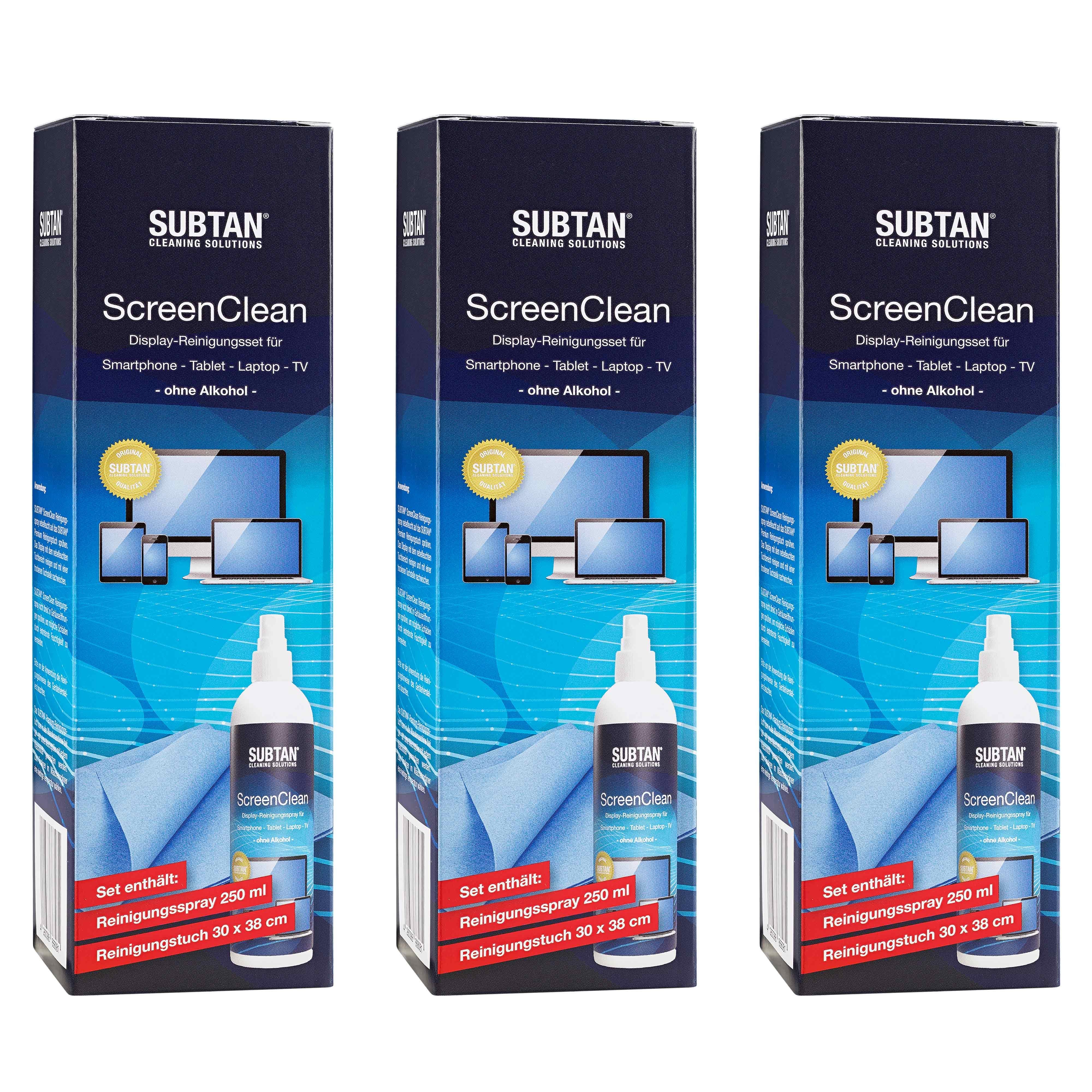SUBTAN Reinigungs-Set ScreenClean - Bildschirmreiniger Set für Smartphone, Tablet, TV, (3-St)