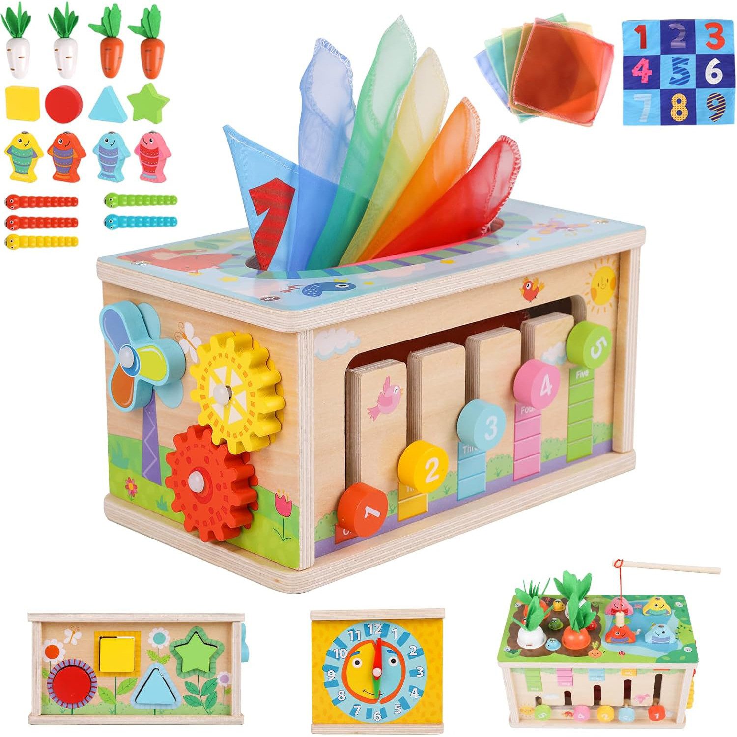 Ledander Motorikwürfel 6‑in‑1 Montessori Motorikwürfel aus Holz, Babyspielzeug, ab 3 Jahre, Knistertuch, Frühförderung, 36 Monate, Geschenk