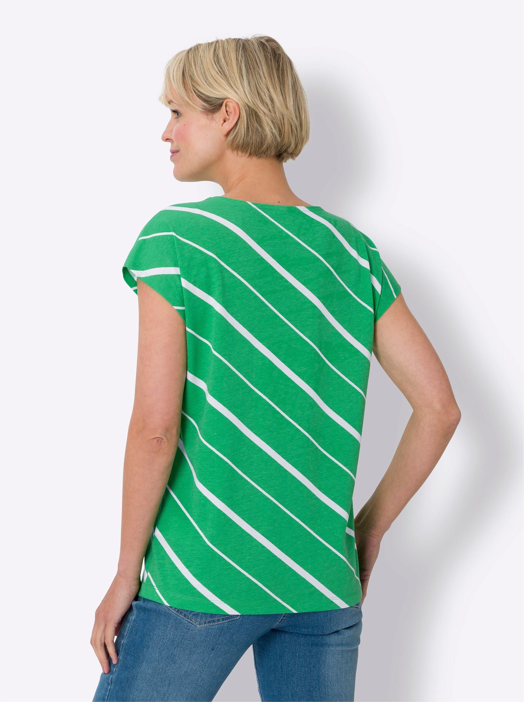 grasgrün-weiß-gestreift an! Sieh T-Shirt