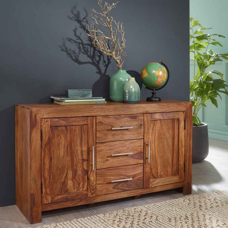 FINEBUY Sideboard FB34443 (Sheesham Massivholz 118 cm, 3 Schubladen 2 Türen), Highboard Landhausstil braun Kommode natur