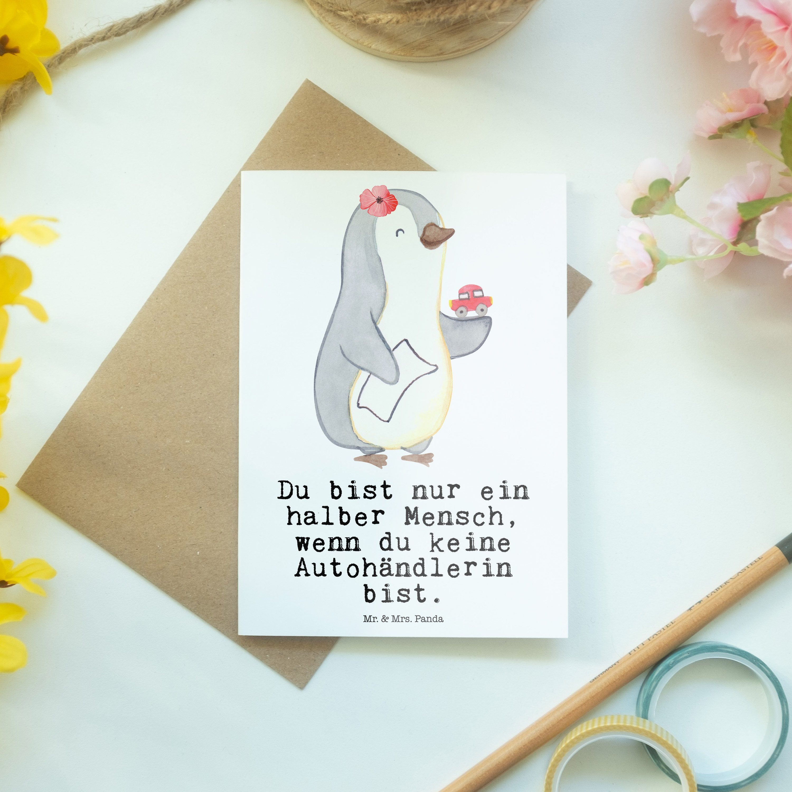 Mr. & Mrs. Panda Herz Grußkarte Weiß Autoverkäuf - mit Autohändlerin - Hochzeitskarte, Geschenk