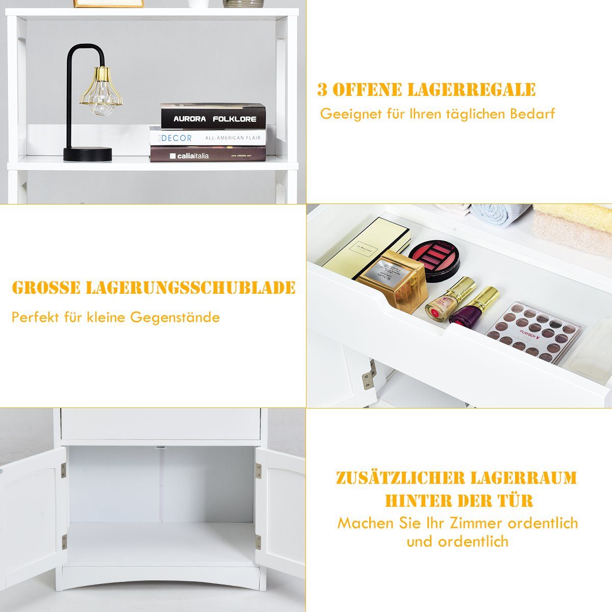 COSTWAY Mehrzweckschrank Bücherschrank mit Türen & 3 Regalen & Schublade