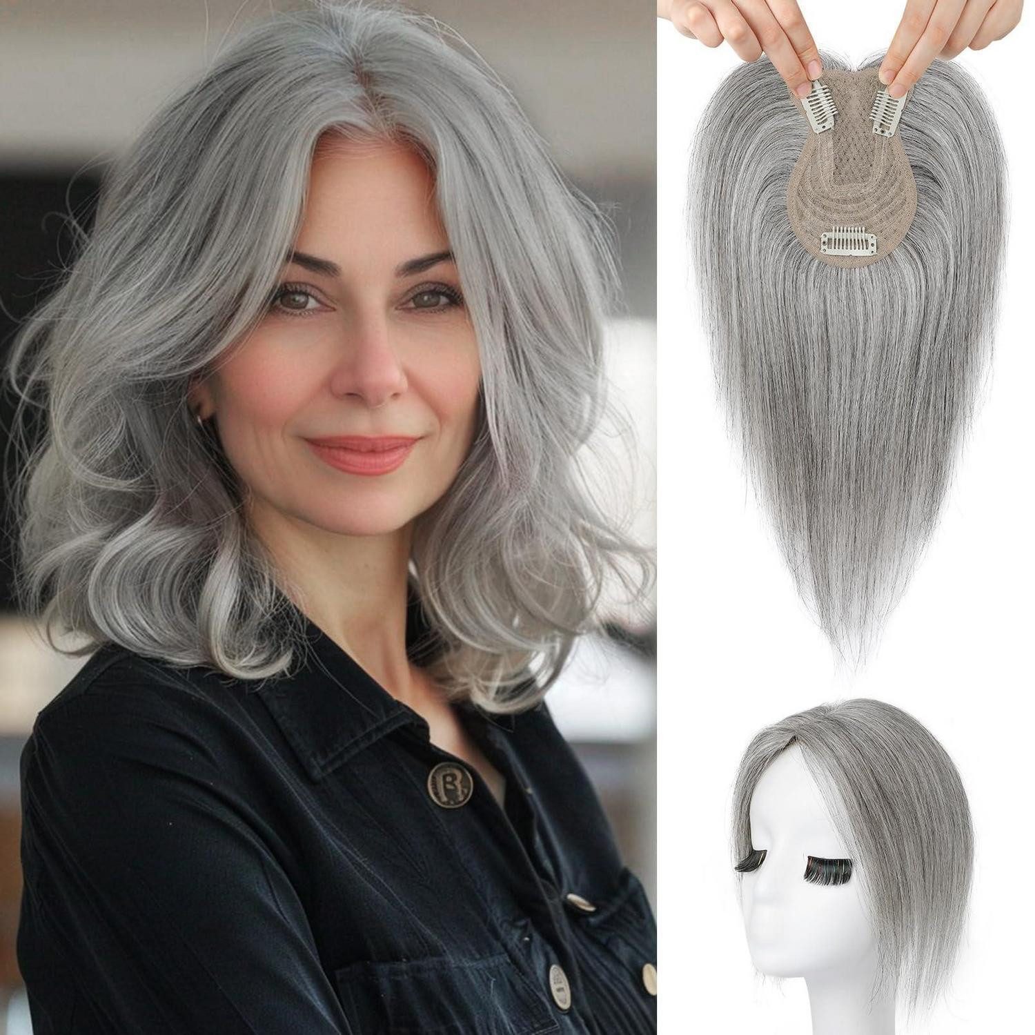 LuxusKollektion Echthaar-Extension Topper Echthaar Clip in Pony 360 3D Haarteil Frauen 26 CM Hellgrau