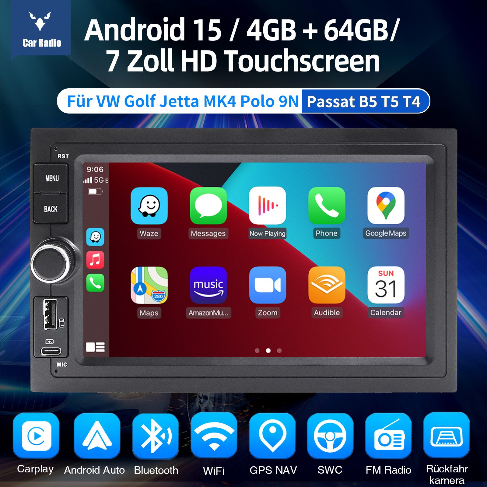 ESSGOO 7'' Android15 CarPlay Für VW Golf 4 Polo 9N Passat B5 Auto Radio BT4.1 Navigationsgerät (Apple Carplay Android Auto GPS Navi WIFI BT EQ mit USB- und Type-C)