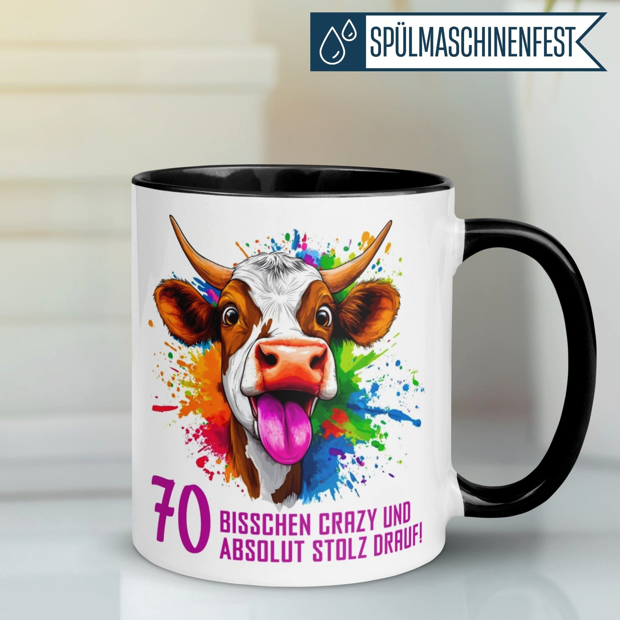 Momentals Tasse 70. Geburtstag Mann Frau – Crazy und Stolz drauf – Männer Frauen, Gratis Versand · Links-&Rechtshänder · Spülmaschinenfest