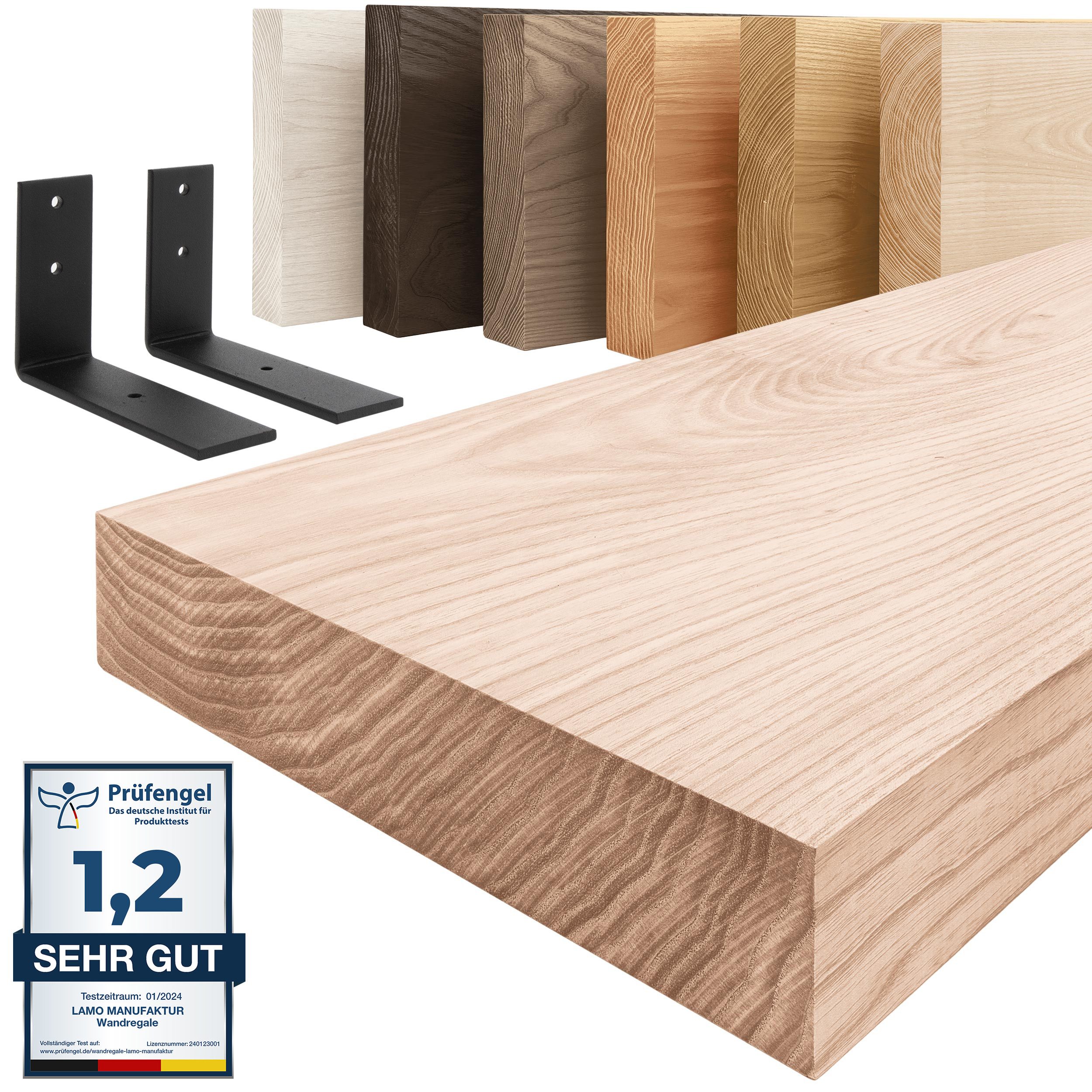 LAMO Manufaktur Wandregal Holz Gerade Regal Farbe: Roh mit schwarzem Basic Regalträger 140 cm, Komplett-Set, 40mm stake Massivholzplatte