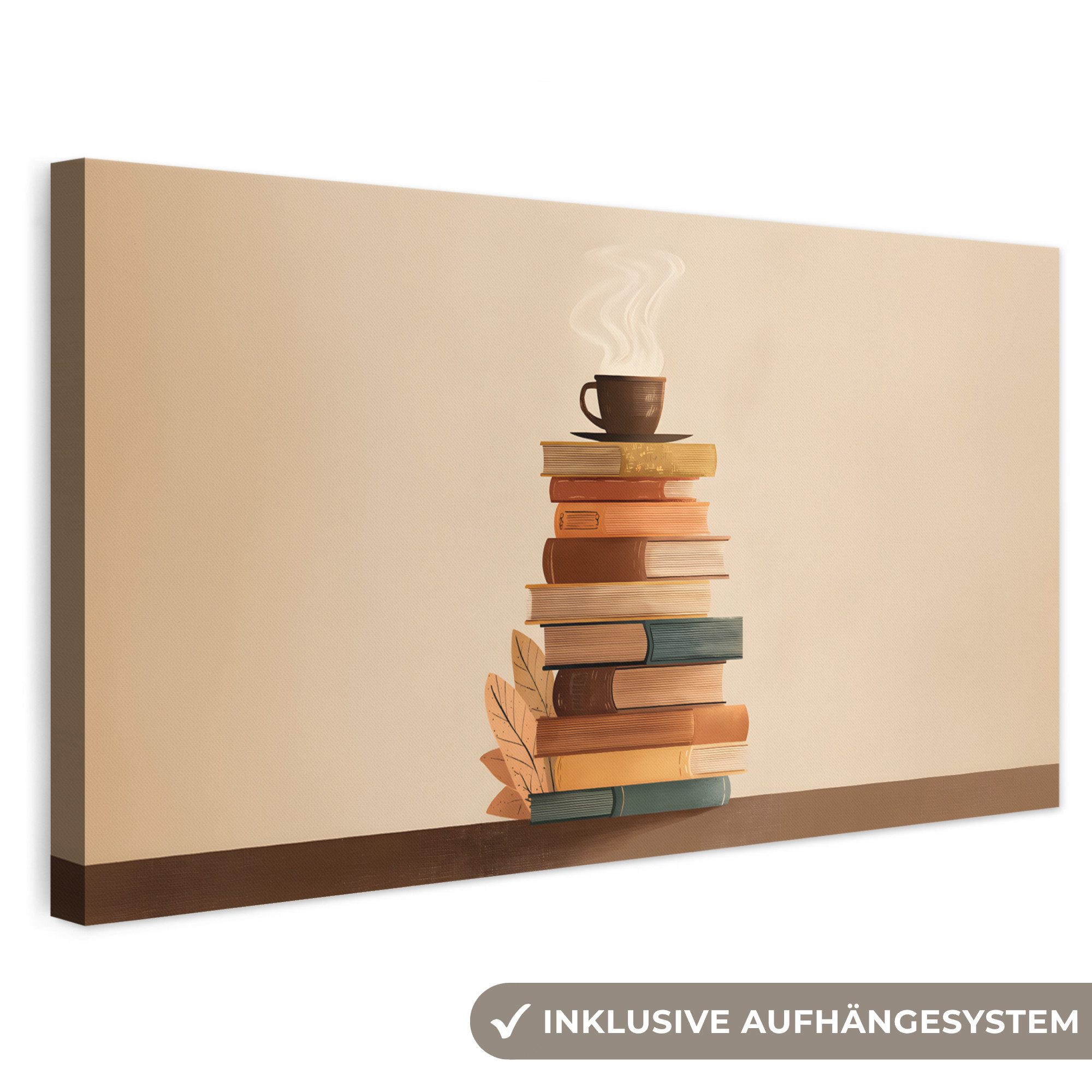 OneMillionCanvasses® Leinwandbild Panorama Bücher - Turm - Kaffee